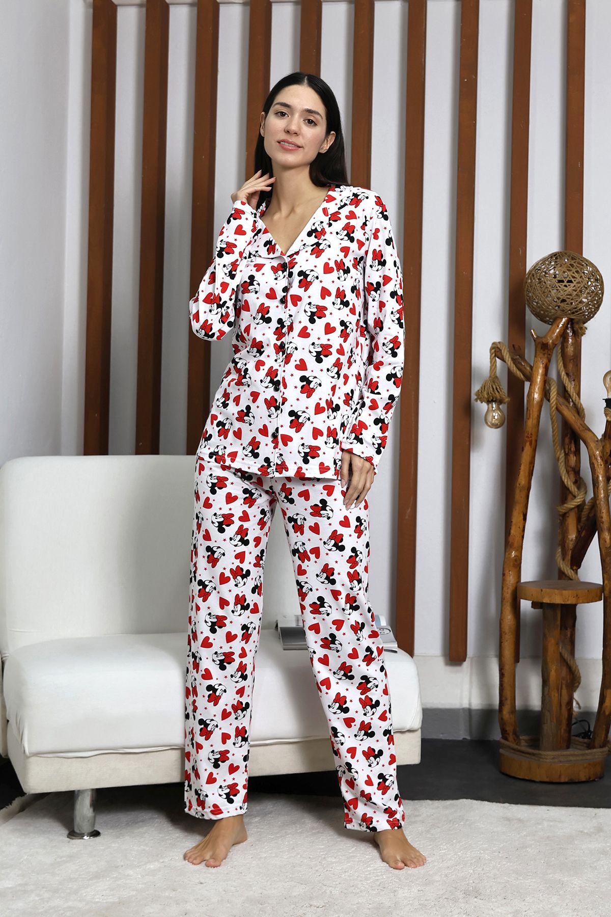 VG BOND MODA Desenli Düğmeli Uzun Kol Süprem Kadın İkili Pijama Takımı VG124