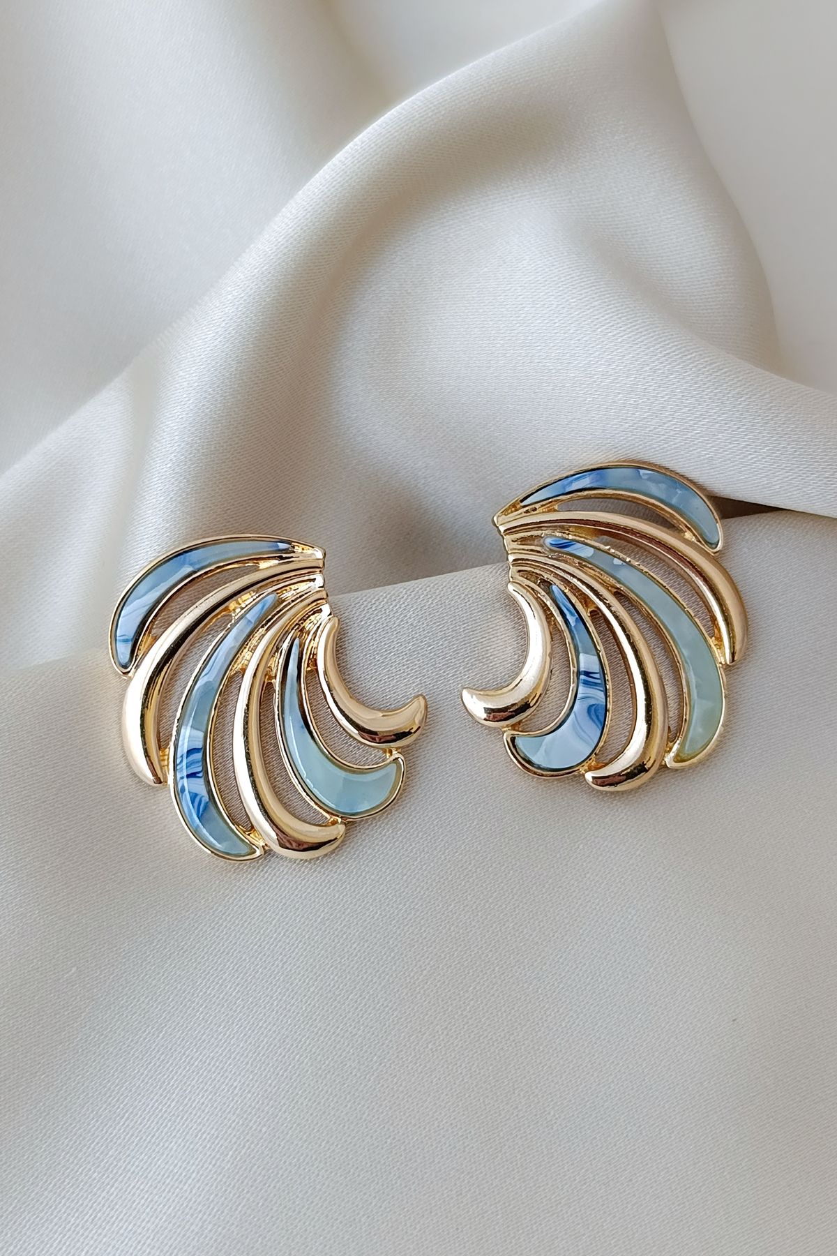 COSİTA-Blue Gold Waveform Stone Detail Modern Stylish Design Earrings 6