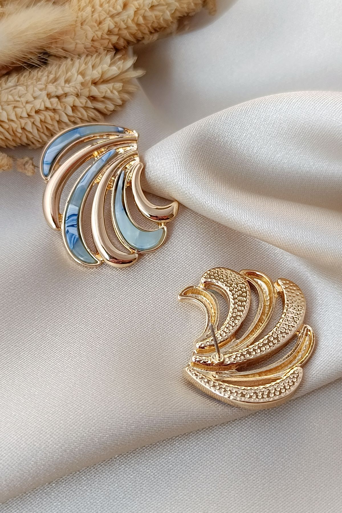 COSİTA-Blue Gold Waveform Stone Detail Modern Stylish Design Earrings 7