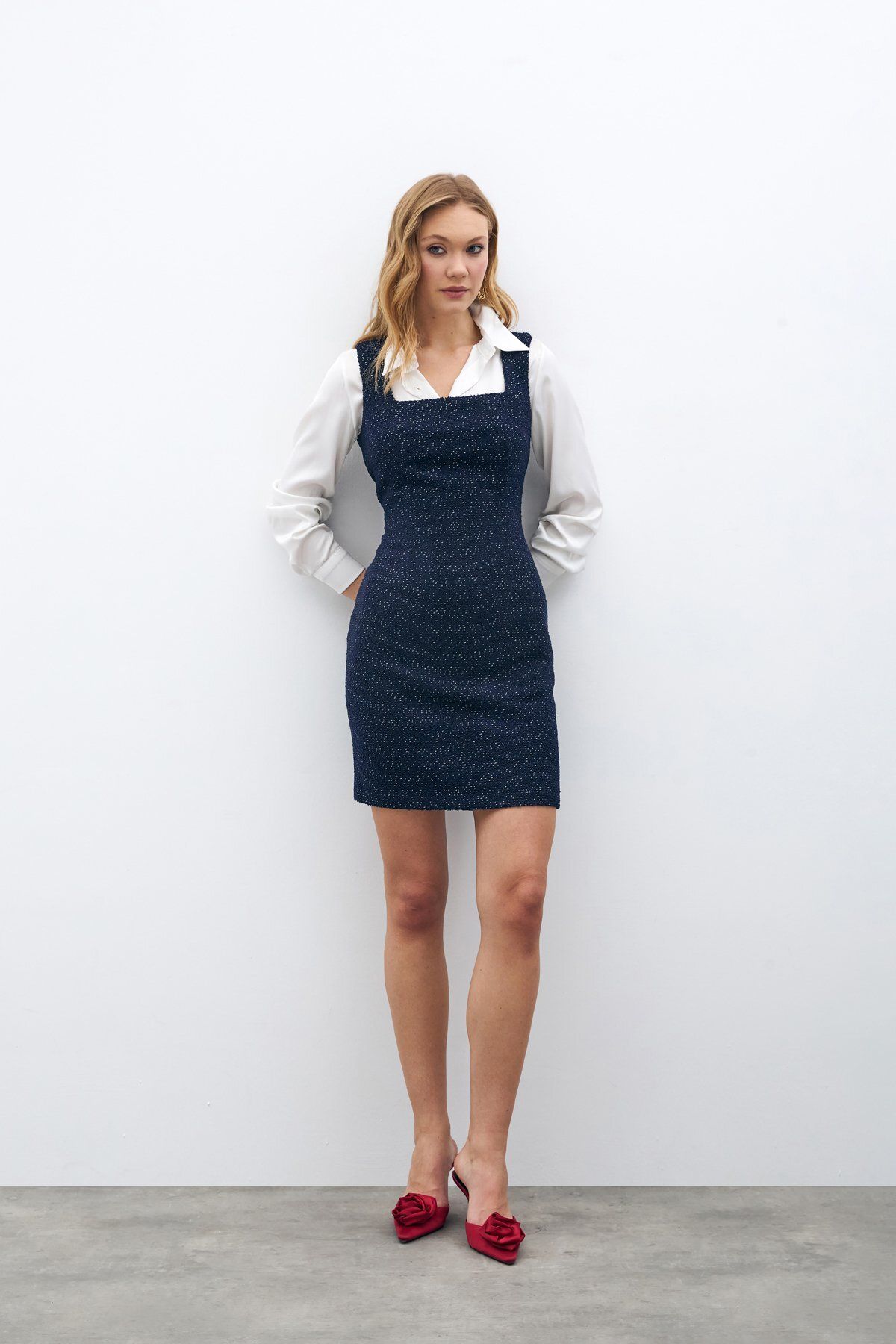 Sateen-Mini Tweed Dress - Navy Blue 2