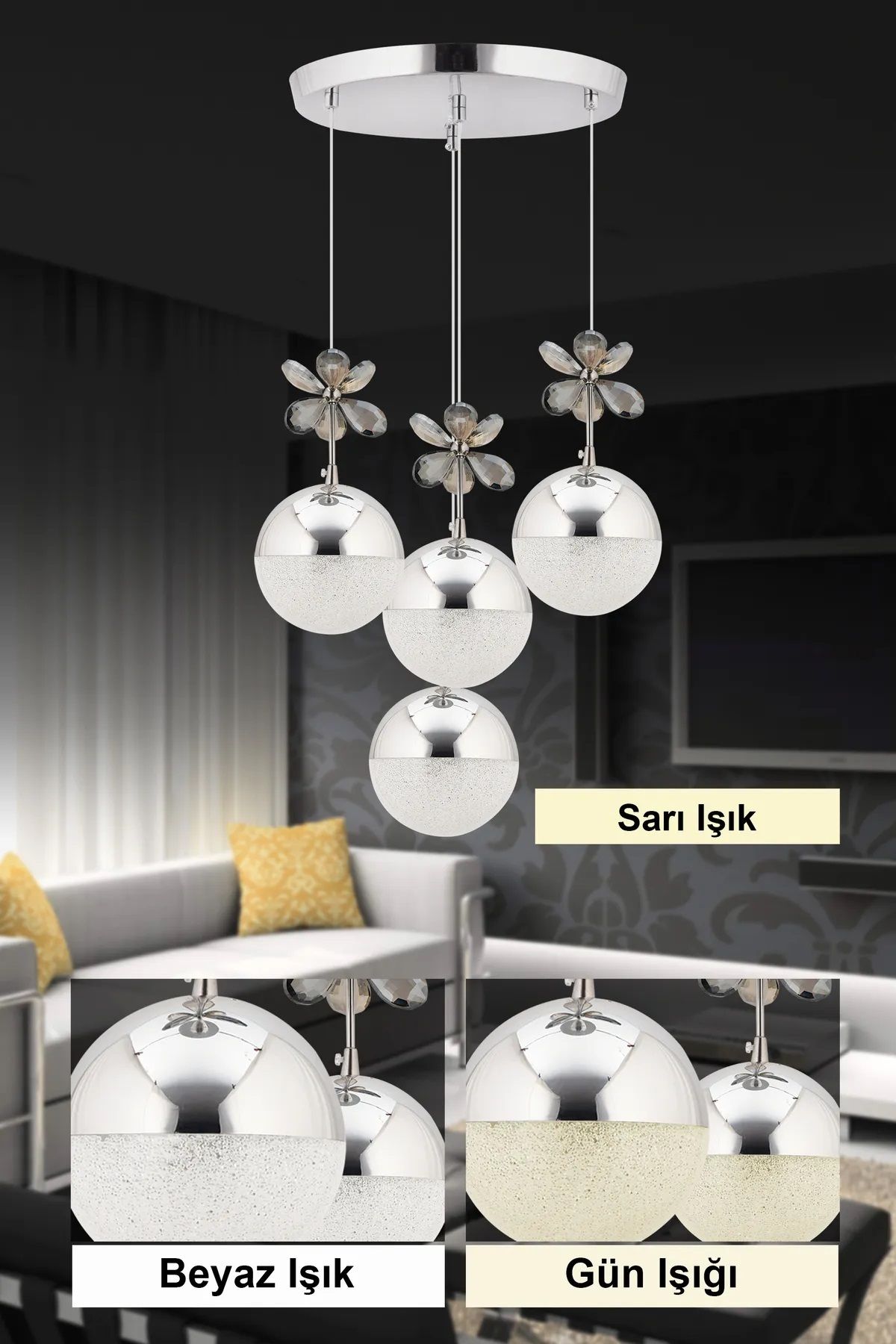 CRAFT HOME Kelebek 4'lü Gümüş Sarkıt 3 Renk Kademeli Ledli Kristal Taşlı Modern Led Avize