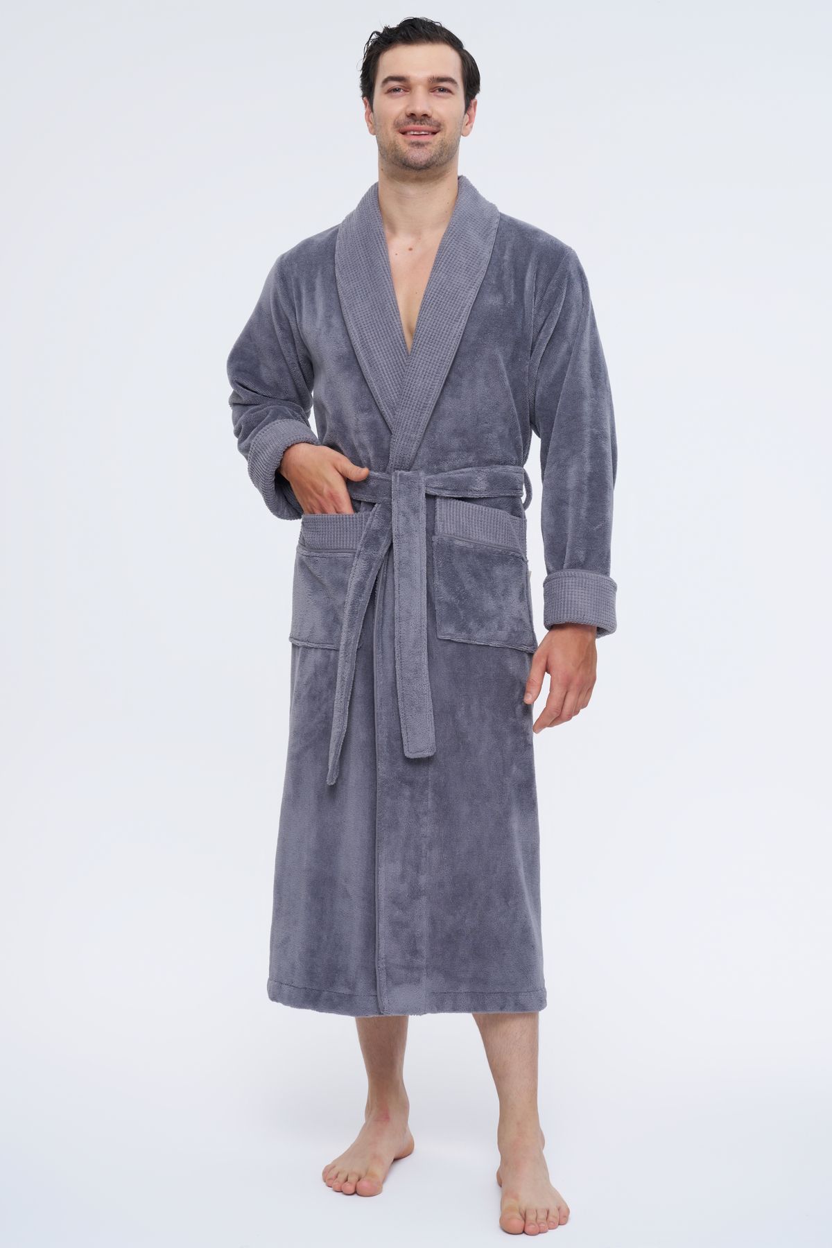 Nuşa-Bamboo Pattern Rice Collar - Antibacterial Cotton Men's Bathrobe 3