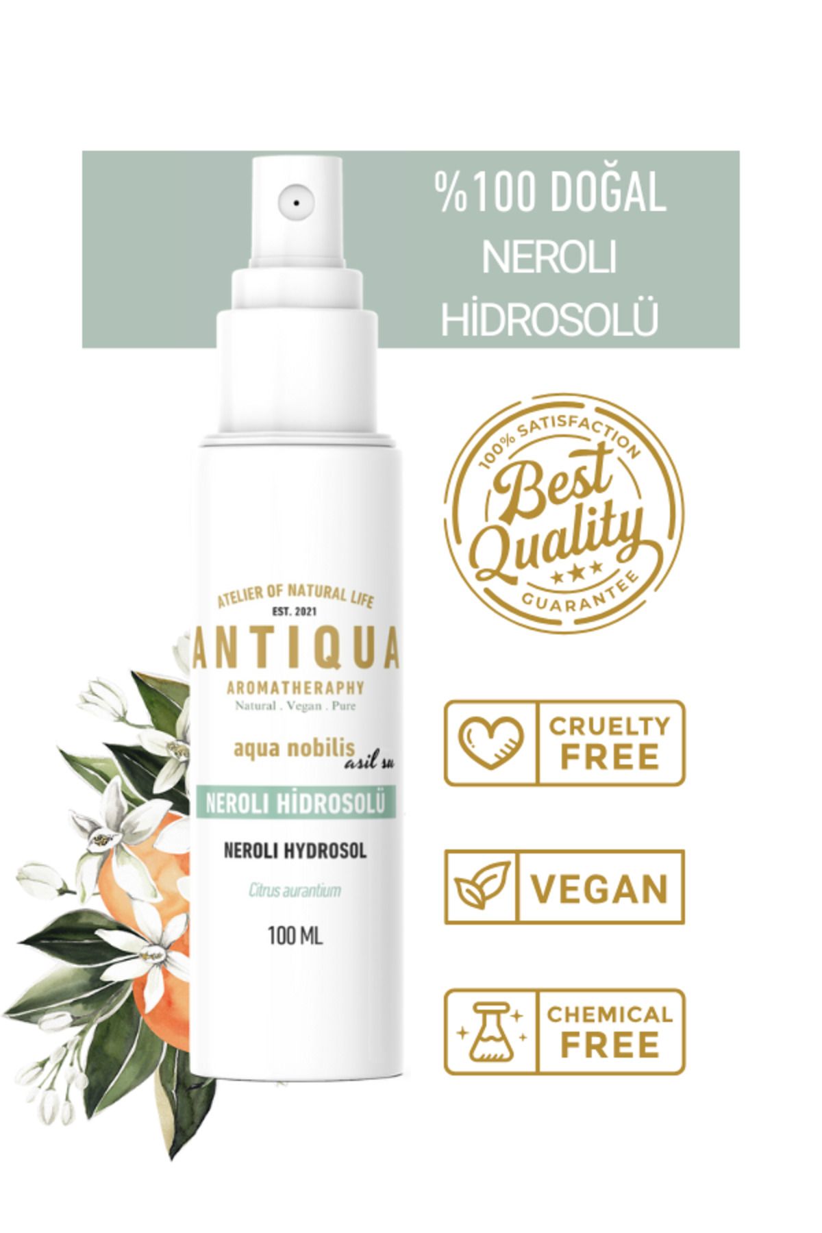 Antiqua Aromaterapi Neroli Hidrosolü – %100 Saf ve Doğal Cilt ve Saç Bakım Suyu