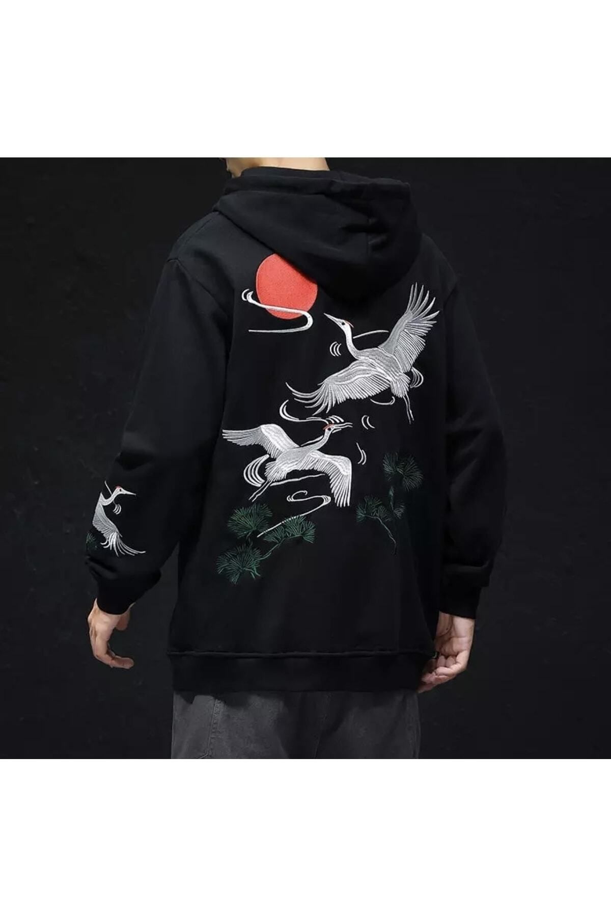 AMOR MAN BÜYÜK BEDEN ÖZEL TASARIM KAPÜŞONLU TAM FERMUARLI JAPON LEYLEK BASKILI ERKEK SWEATSHIRT