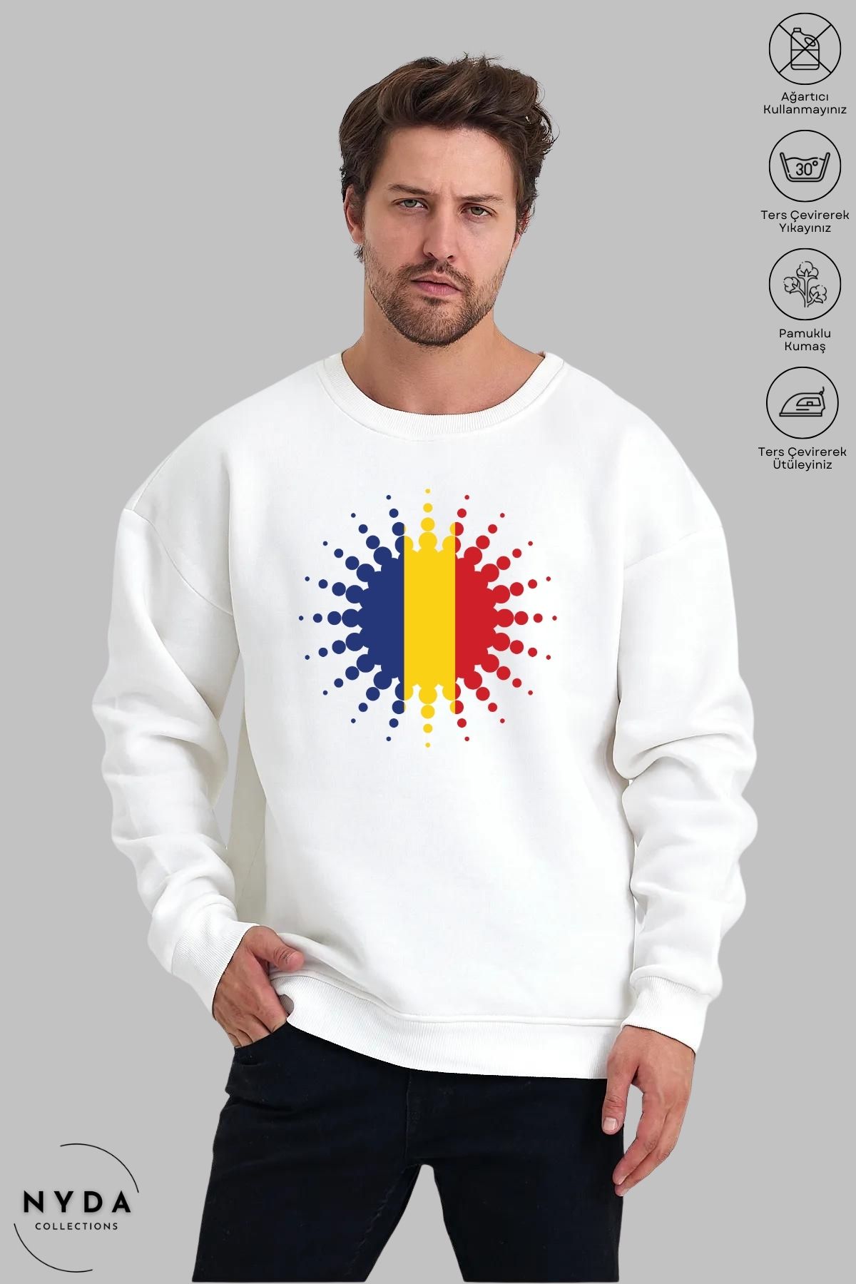 Nyda Collections Unisex Uzun Kollu Romania Baskılı Bisiklet Yaka Kapüşonsuz Şardonlu Oversize Sweatshirt