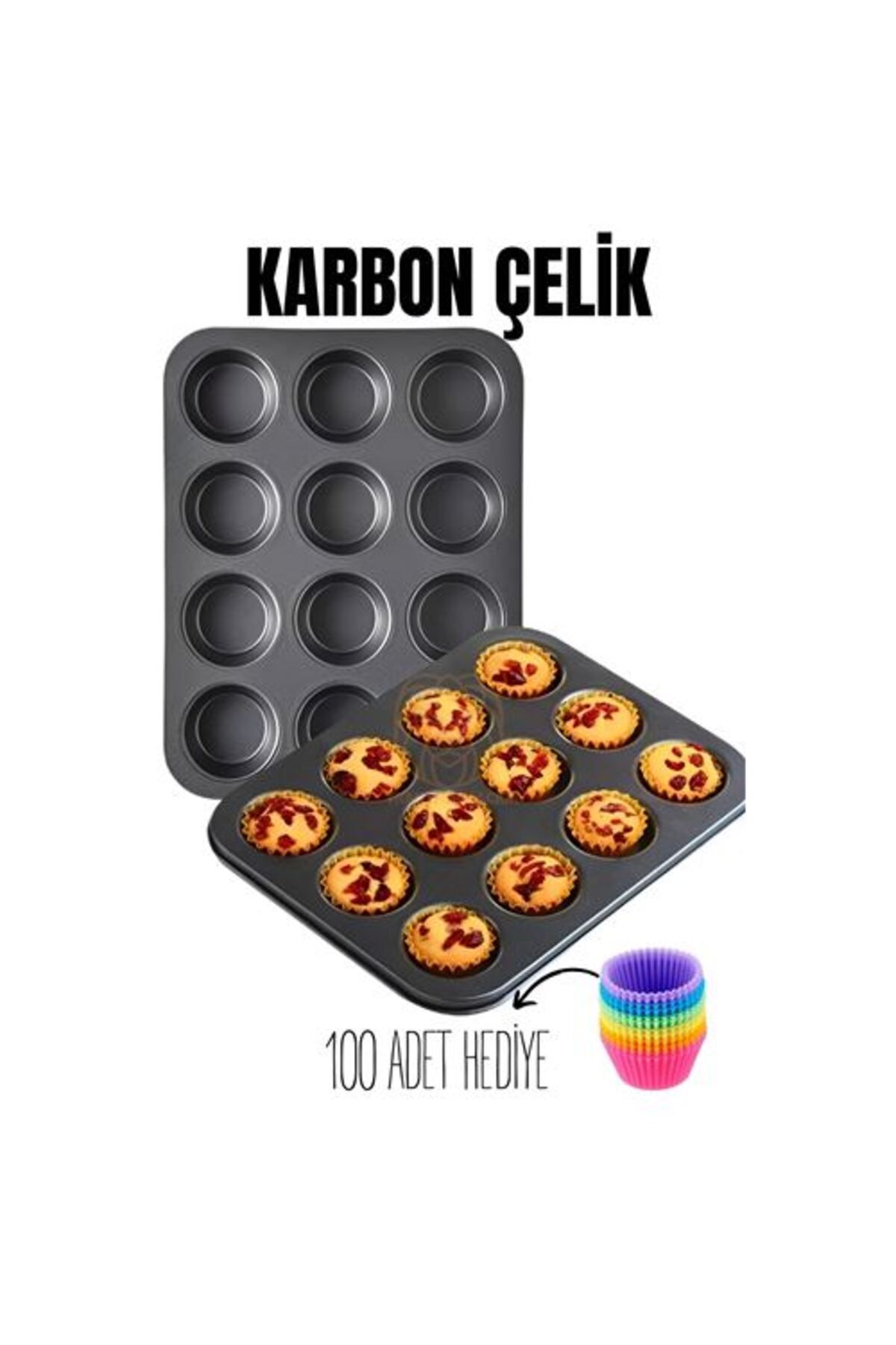 Findit 12 li Muffin Kalıbı Teflon Çelik 100 Muffin Kağıtlı