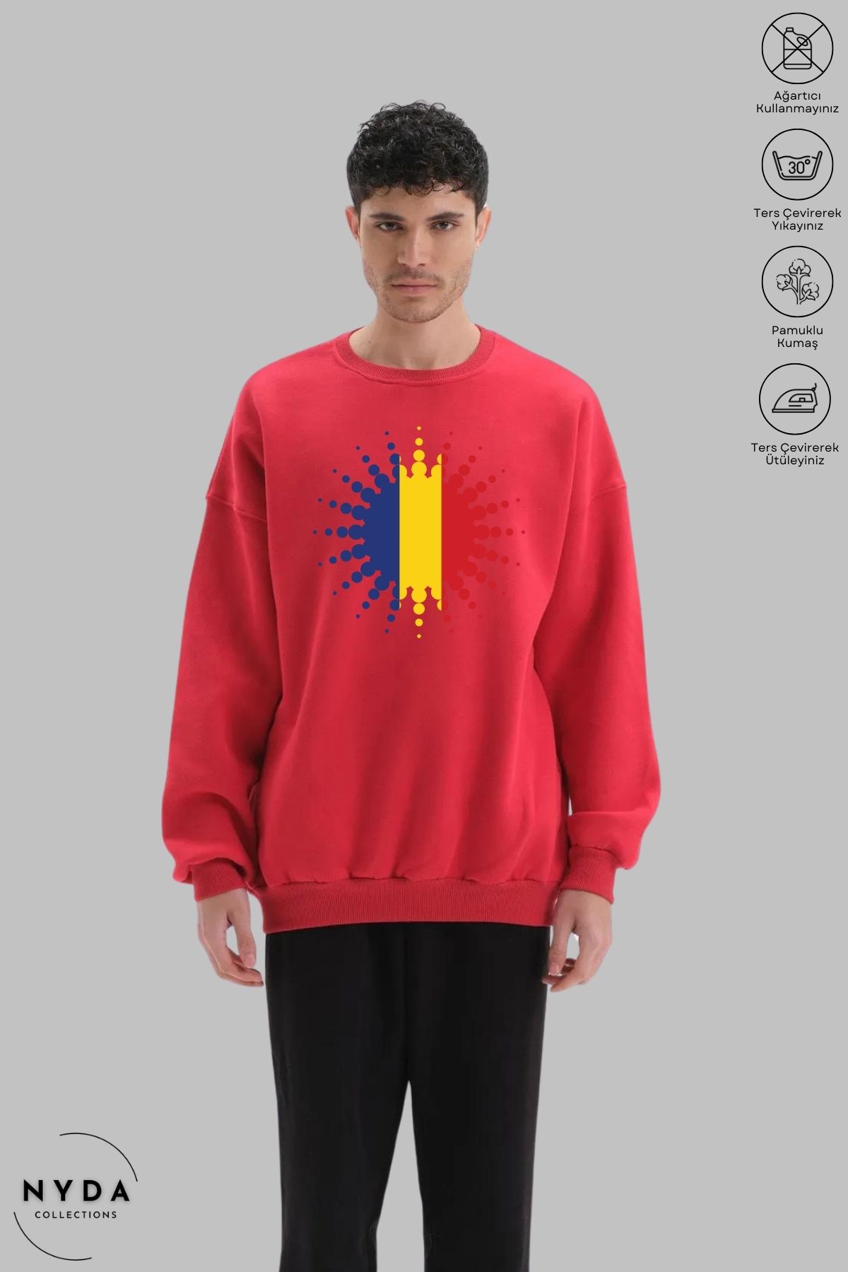 Nyda Collections Unisex Uzun Kollu Romania Baskılı Bisiklet Yaka Kapüşonsuz Şardonlu Oversize Sweatshirt