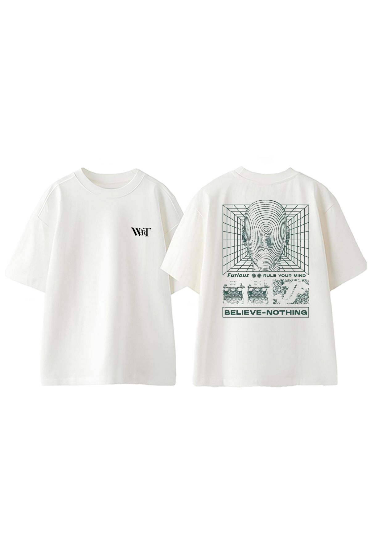 THEWERT Tricou Oversize Alb Din Bumbac Imprimat Pe Spate Believe Nothing Design Unisex - M