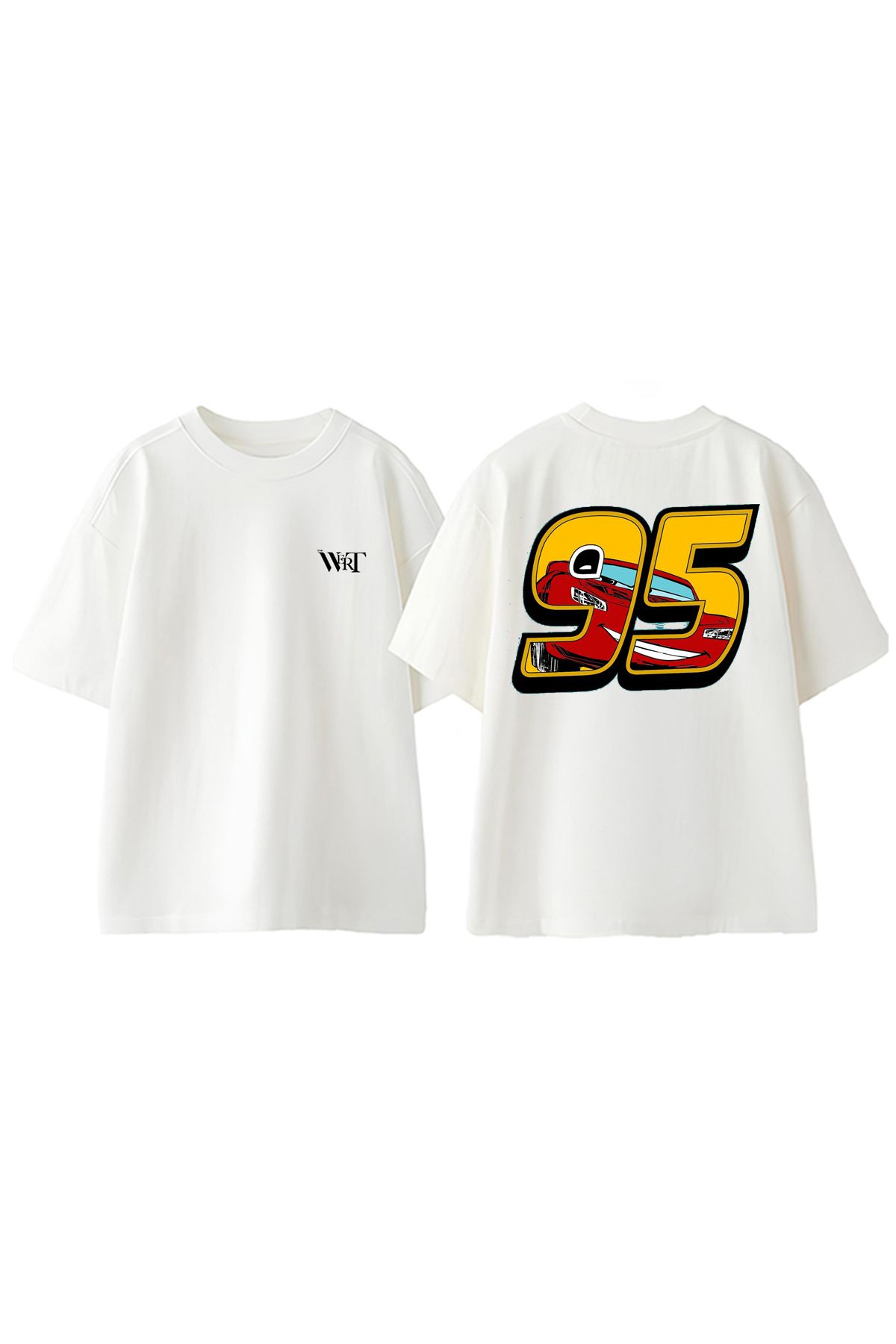 THEWERT 95 Tricou Oversize Alb Din Bumbac Imprimat Pe Spate Lightning Mc Queen Unisex - M