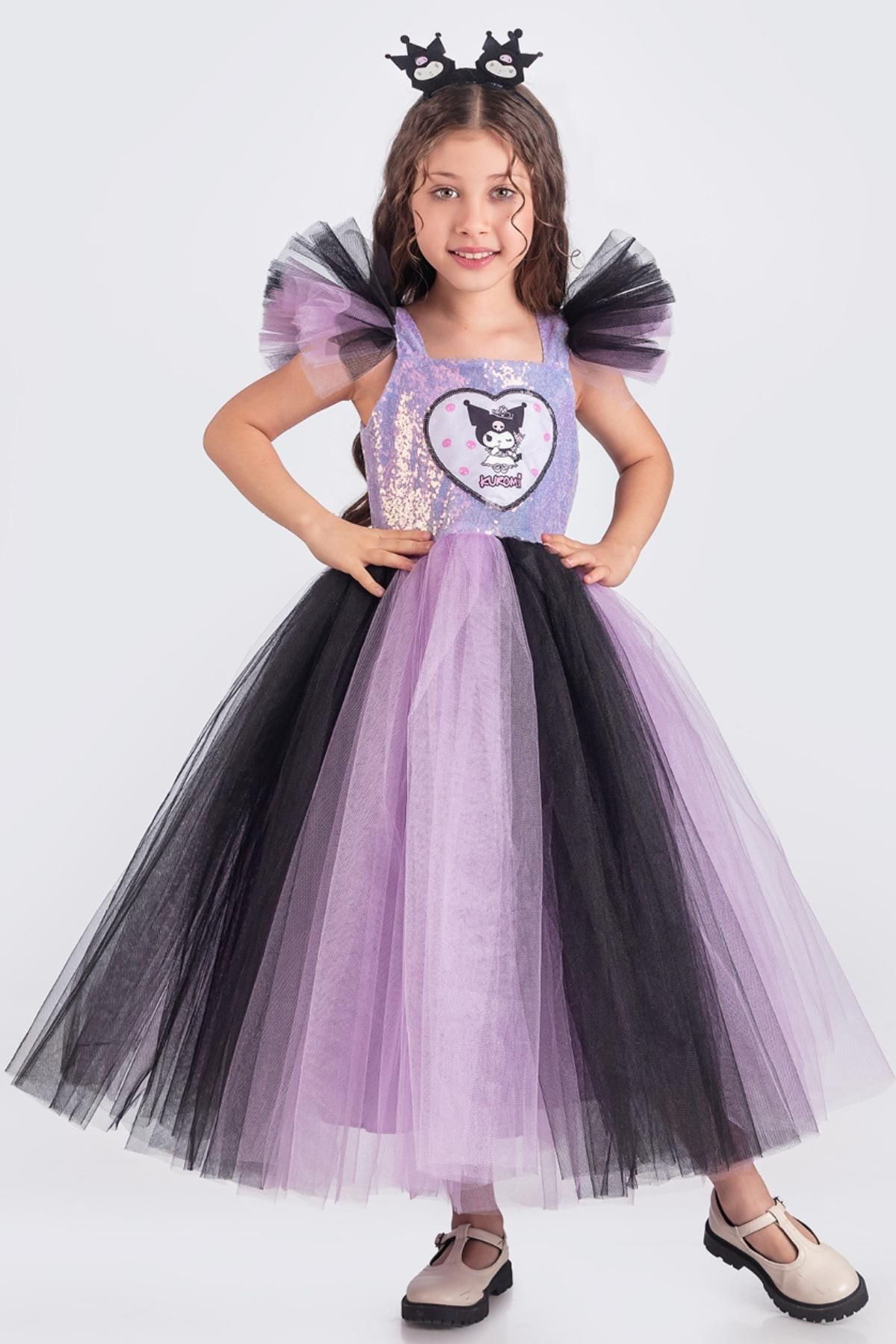 Minik Dolap-Long Sequin Sequin Girl's Kuromi Birthday Evening Dress - Crowned 1