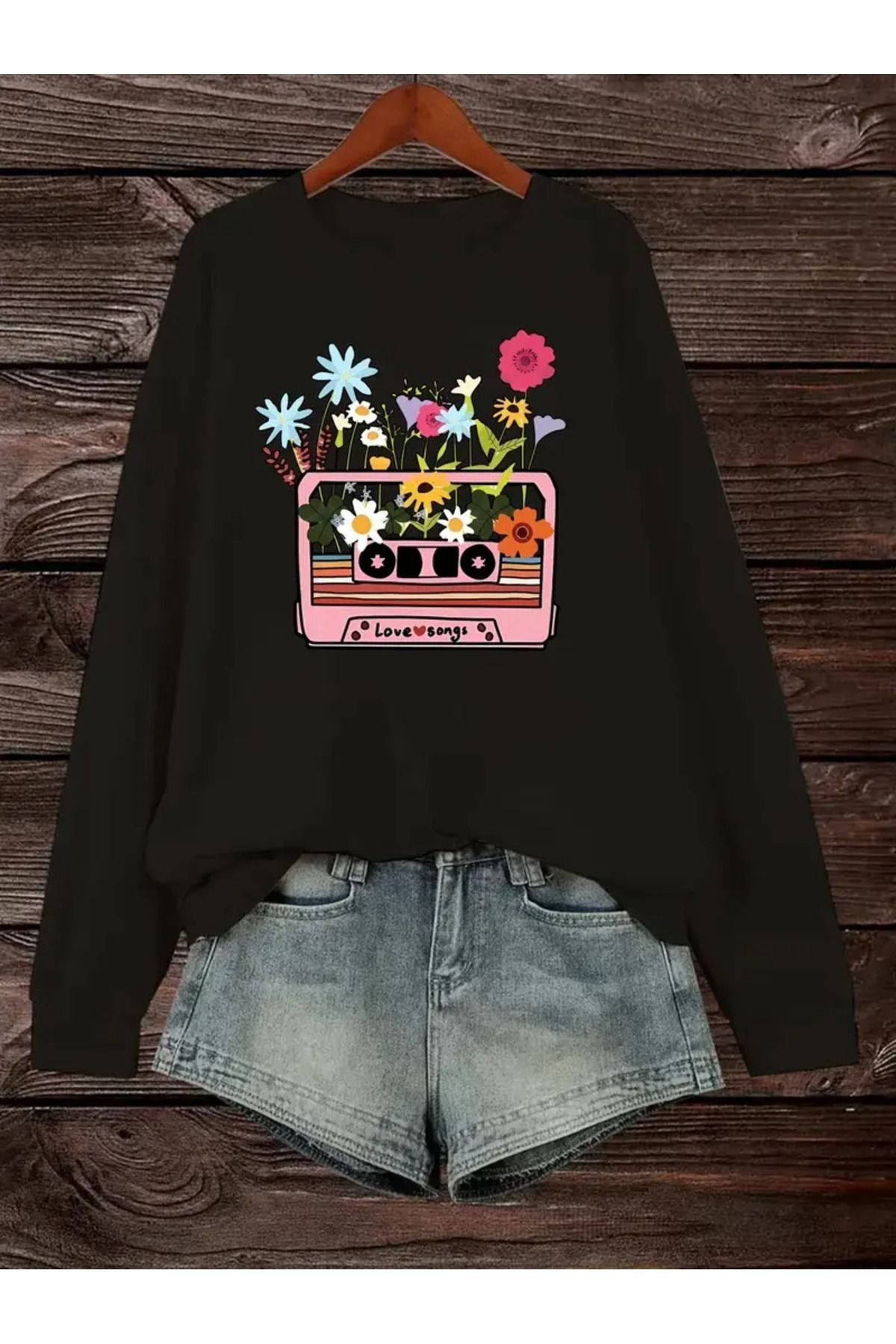 PALPİTO Kadın Siyah Kaset Saksı Baskılı Bisiklet Yaka Oversize Sweatshirt