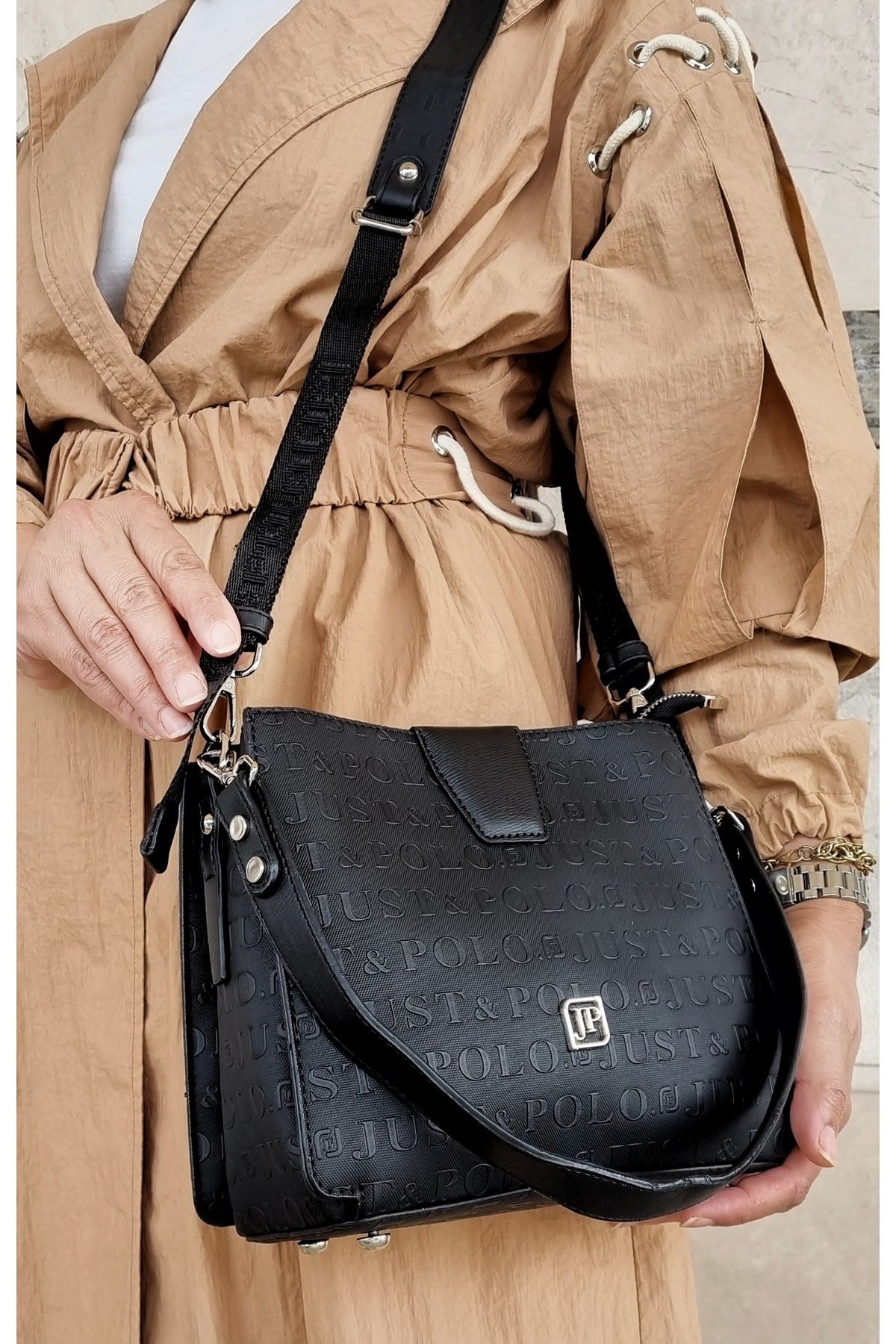 Just Polo-JUSTPOLO WOMEN'S BLACK HAND-CRAFTED KNITTED HAND AND SHOULDER BAG 4