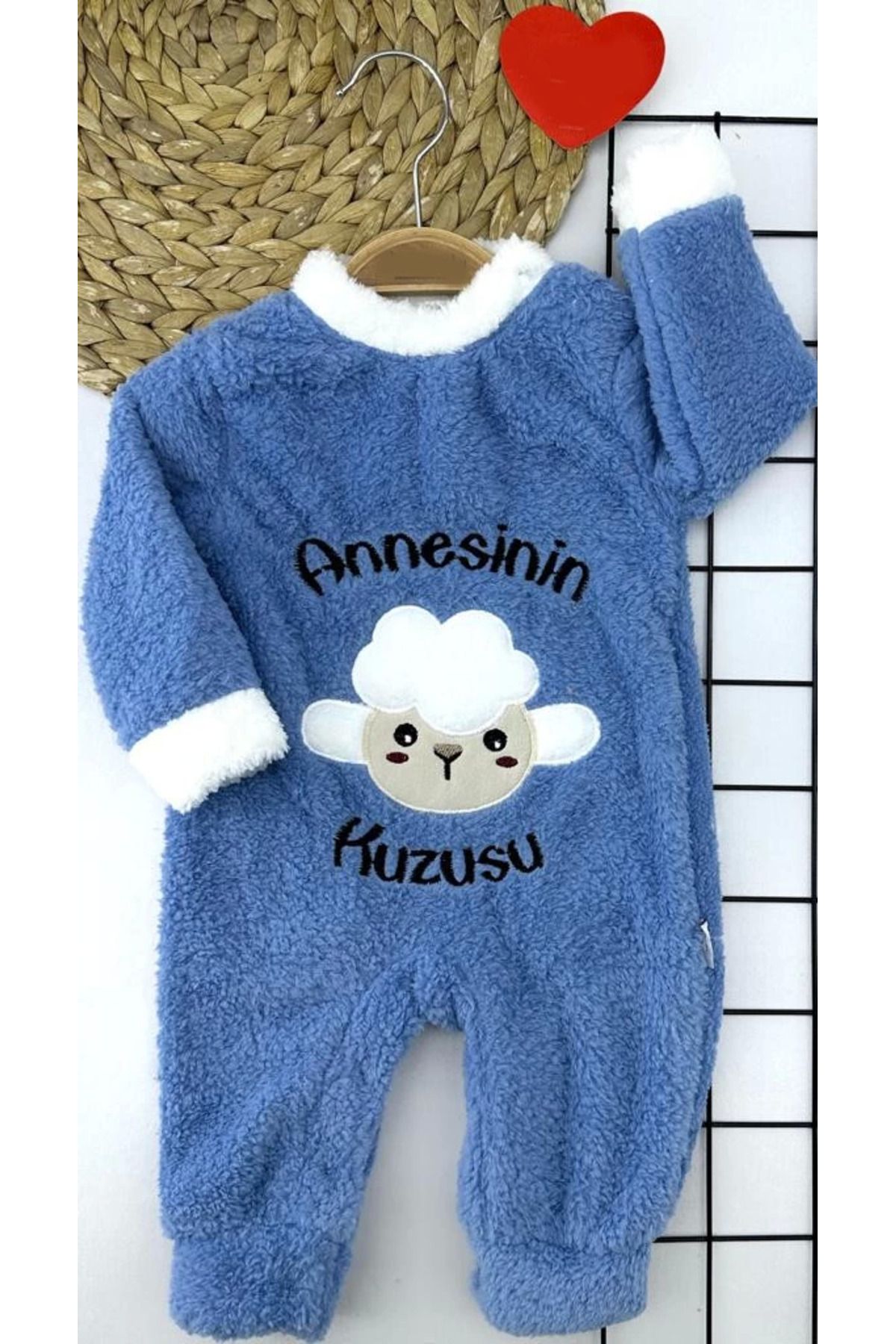 velmorafashion 3-6-9-12 Ay Kuzu Tüylü Kumaş Annesinin Kuzusu Nakışlı Alttan Çıtçıtlı Kız Erkek Bebek Tulumu Mavi
