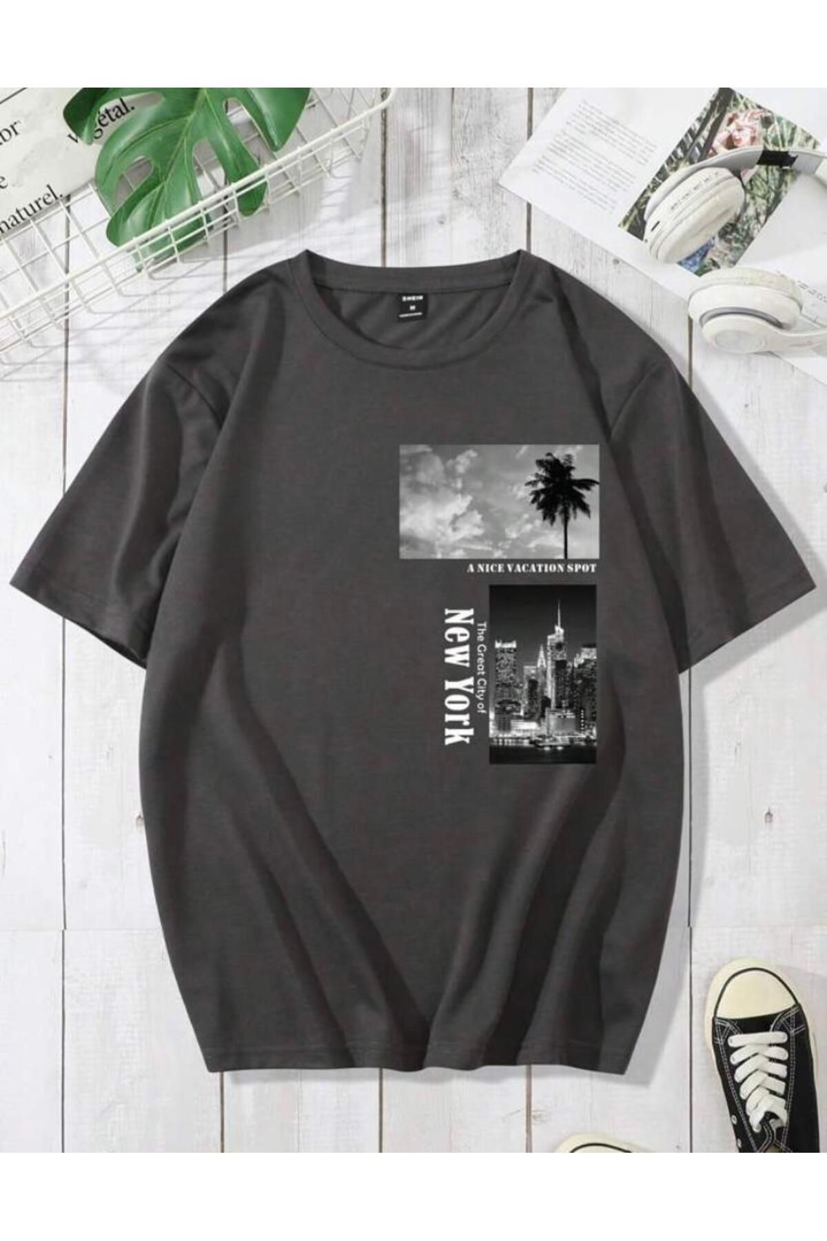 NO 601 Erkek Duman Gri NY Palmiye Baskılı Oversize Tshirt