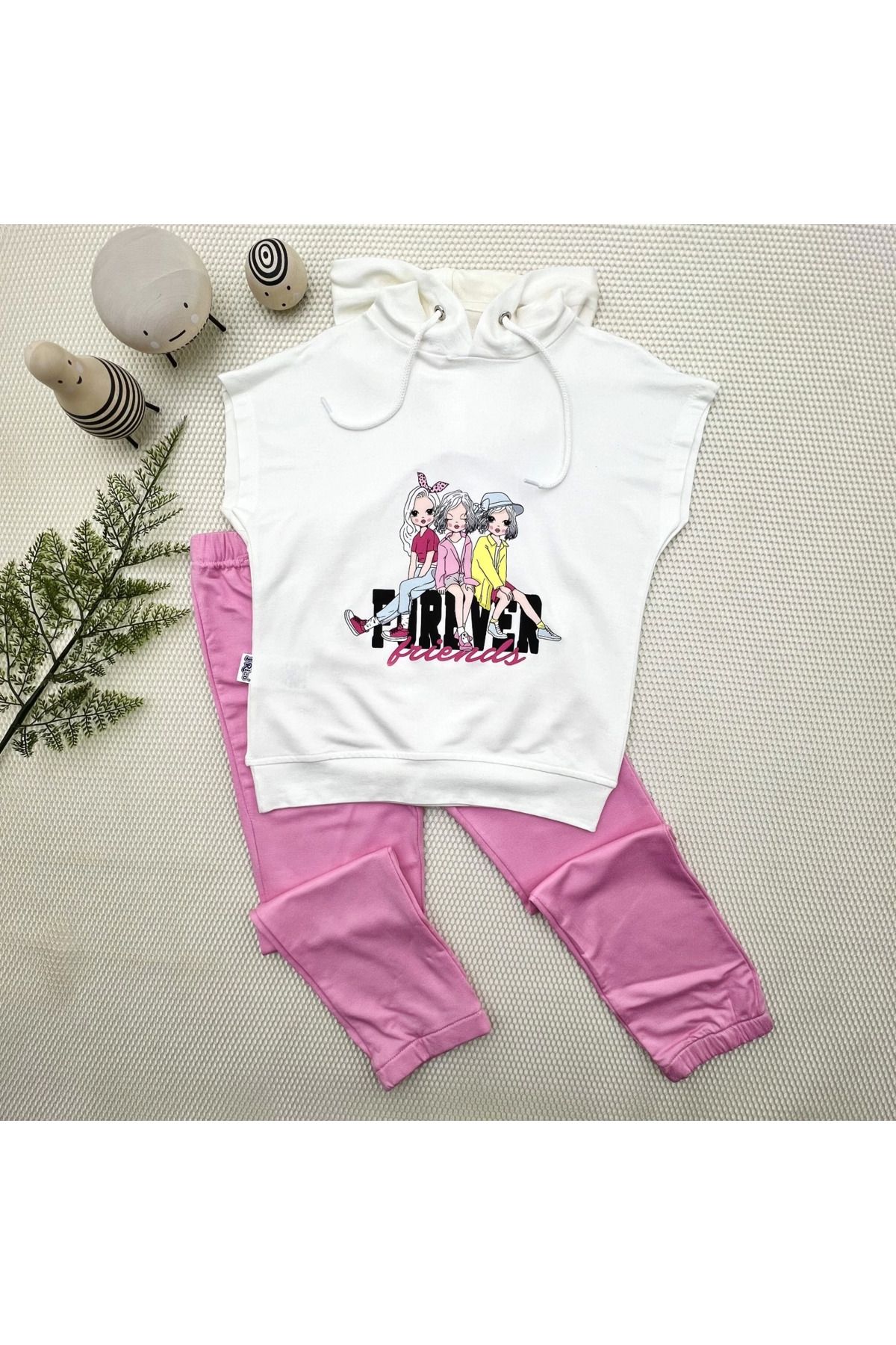 velmorafashion 3-4-5 Yaş Forever Cici Kızlar Baskılı Kapşonlu 2li Kız Çocuk Takımı Pembe