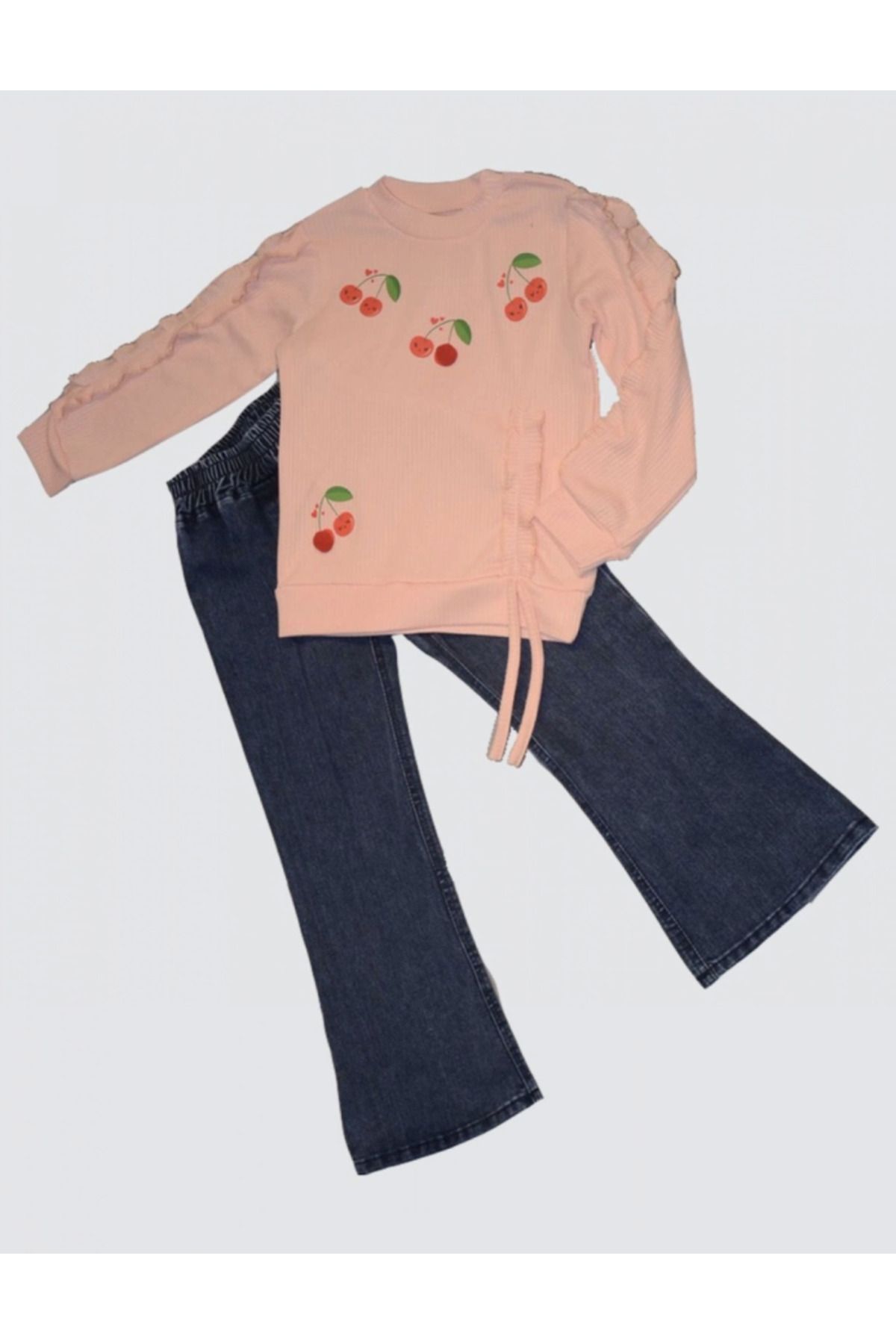 velmorafashion 4-5-6 Yaş Kot Pantolonlu Kiraz Desenli Penye Sweat Uzun Kollu 2li Kız Çocuk Takımı Pudra