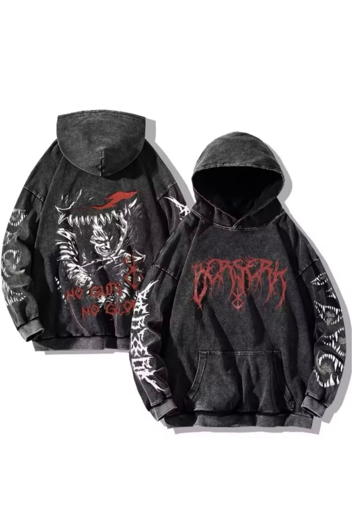 Violon Anime Berserk No Guts No Glory Yıkamalı Kumaş Kapüşonlu Sweatshirt