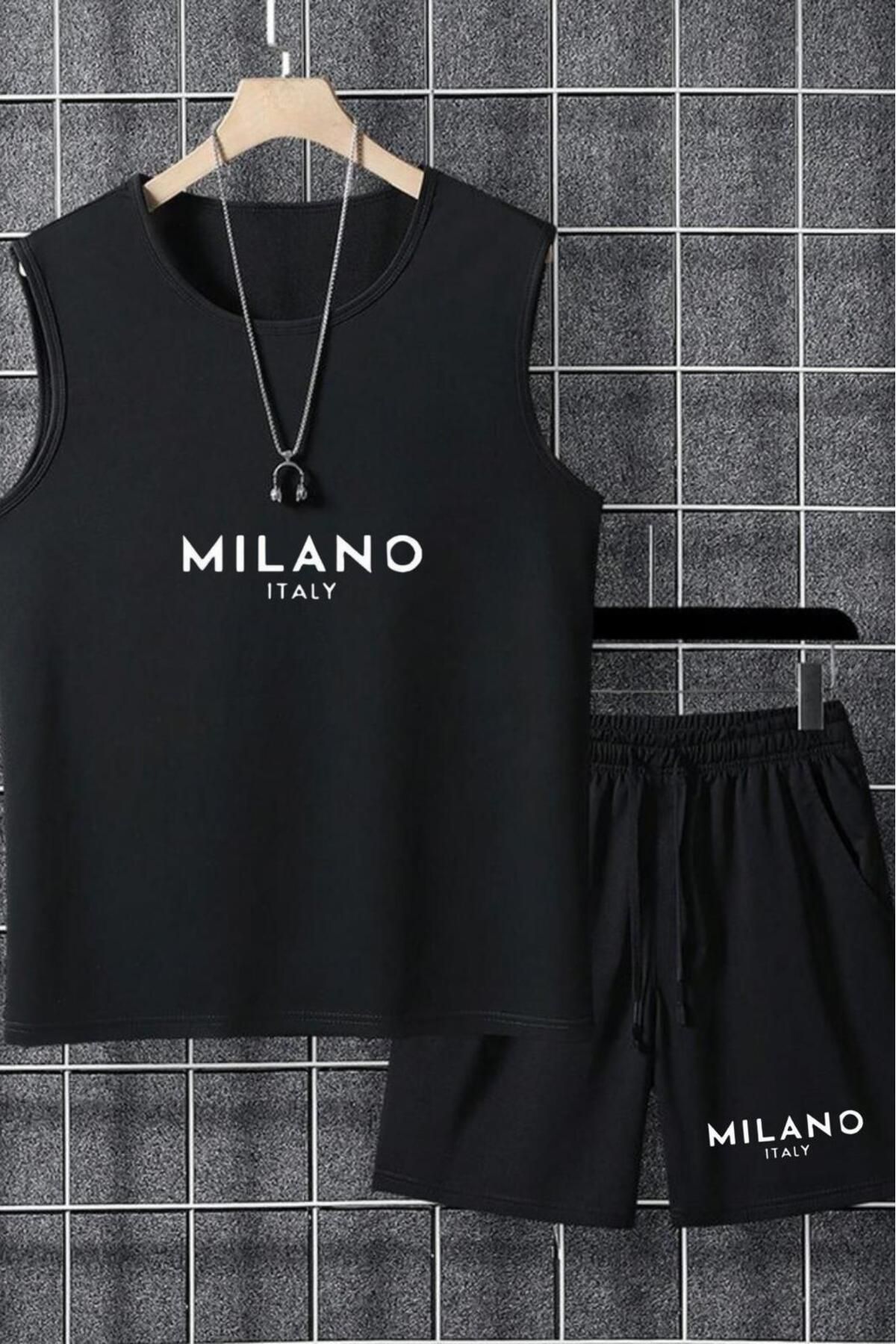 NO 601 Erkek Kolsuz Milano İtaly Baskılı T-shirt Siyah Short  Takım