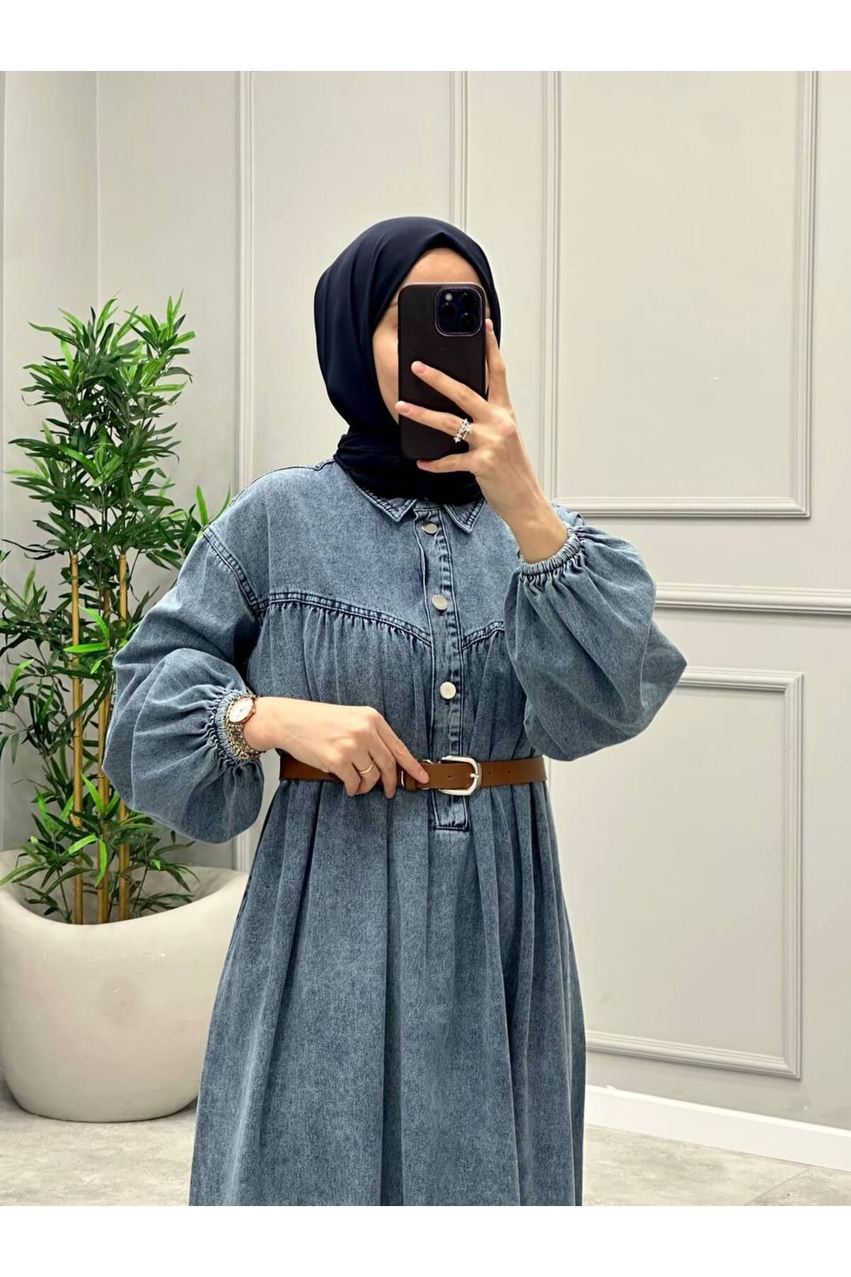 OlaLady Kadın Robadan Büzgülü Balon Kollu Tesettür Denim Kot Elbise