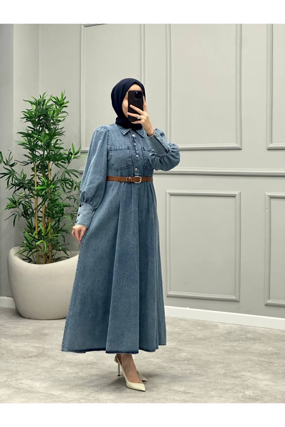 OlaLady Kadın Kolları Manşetli Deri Kemerli Tesettür Denim Kot Elbise