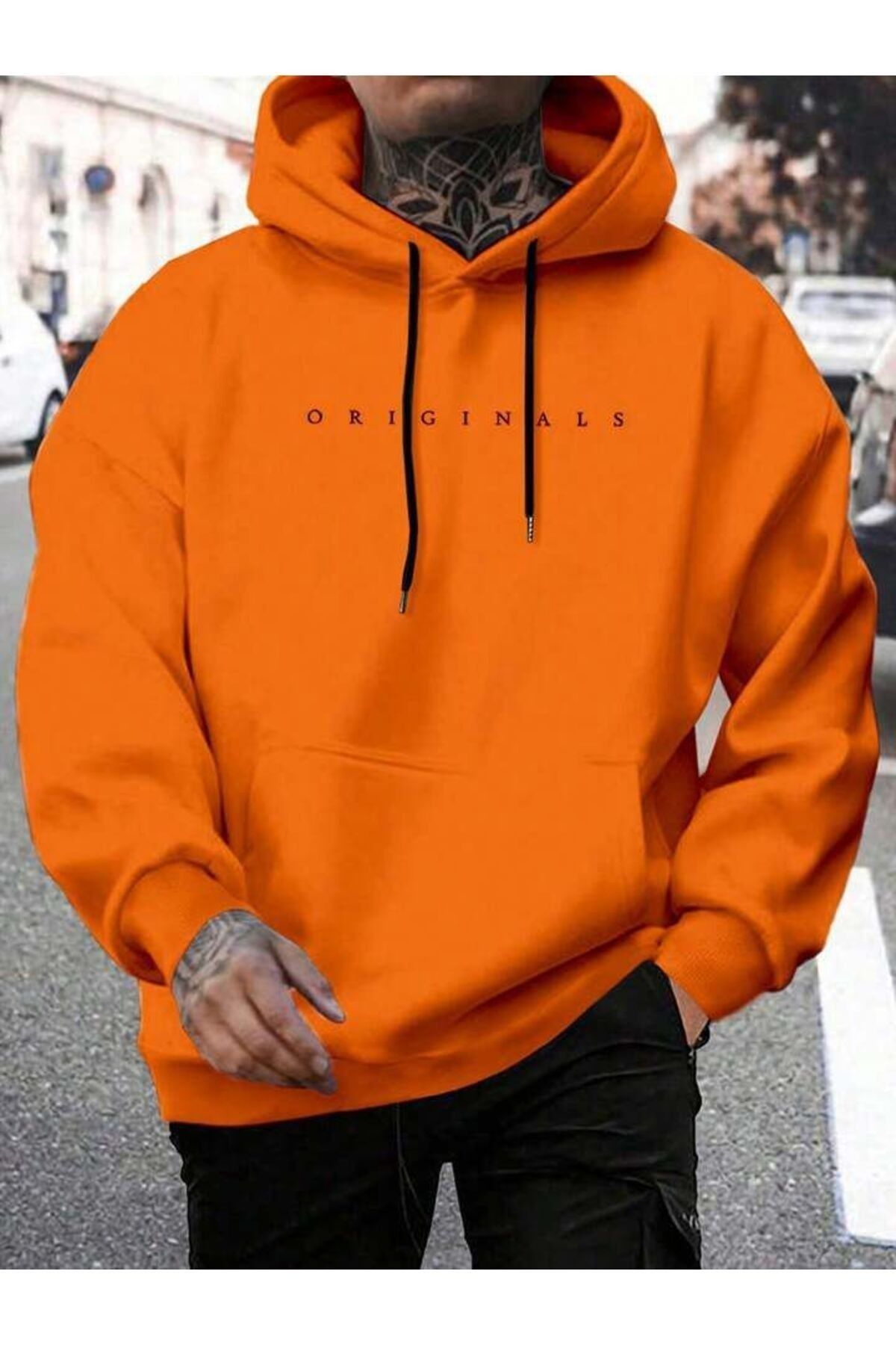 Charme Elegant Erkek Turuncu Originals Baskılı Kapüşonlu Oversize Sweatshirt Hoodie