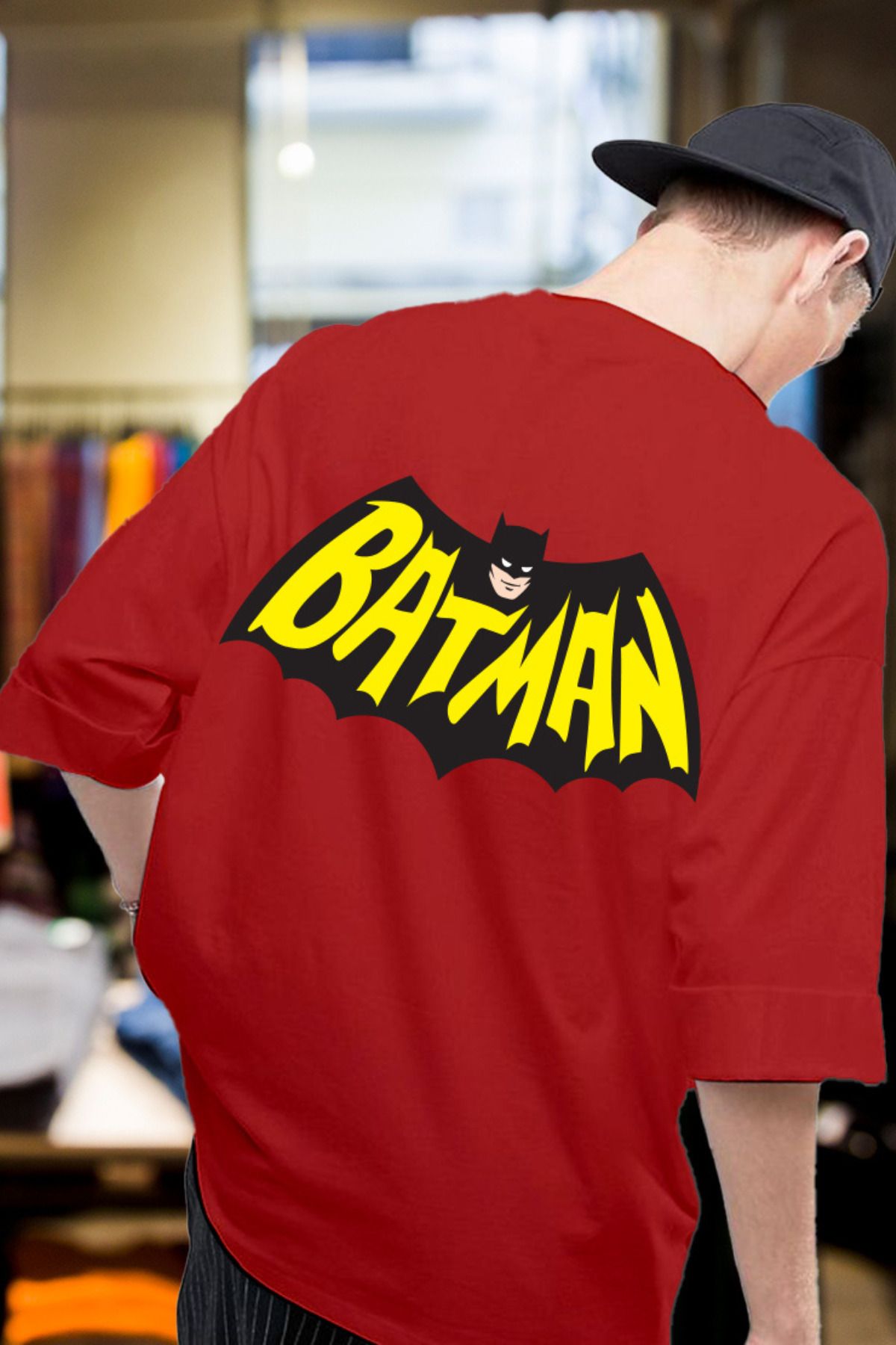 FECCY Pamuklu Batman Baskılı Oversize T-shirt