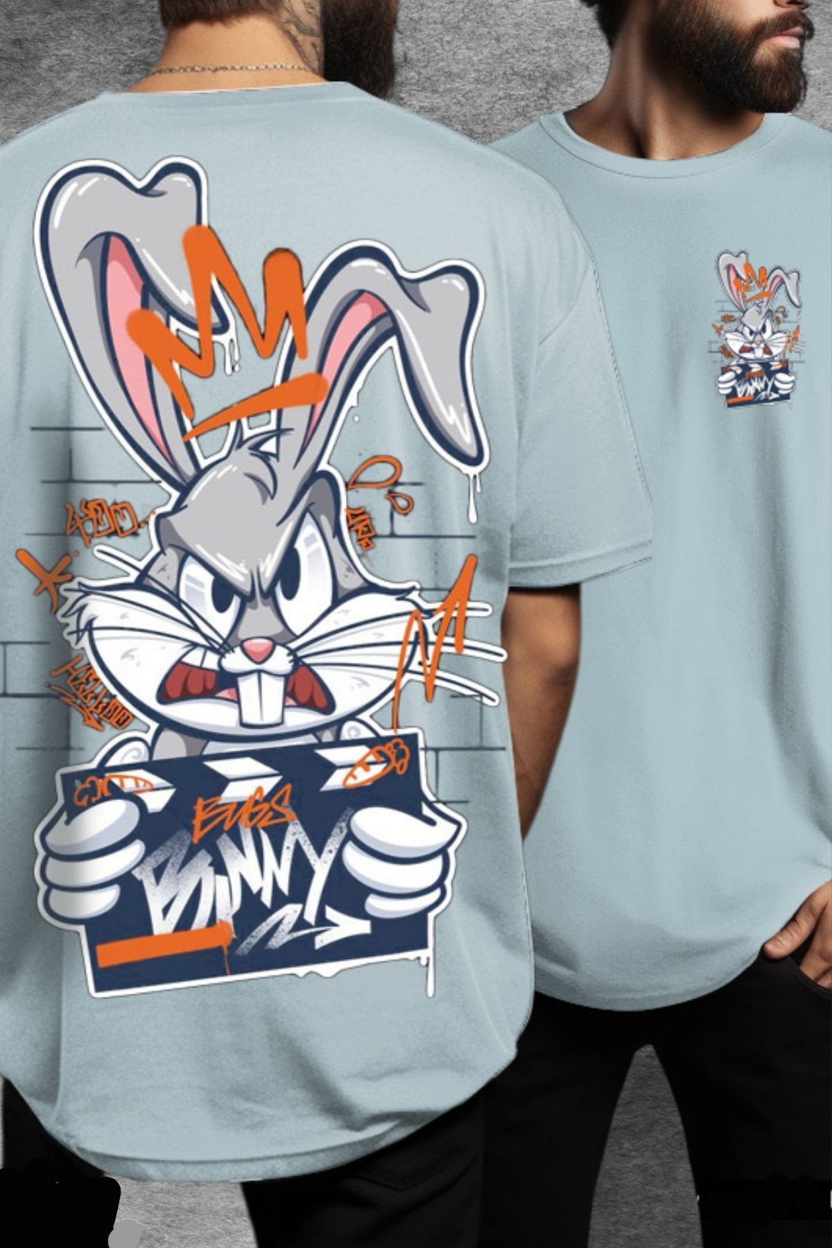 FECCY Pamuklu Bugs Bunny Baskılı Bebek Mavisi Oversize T-shirt