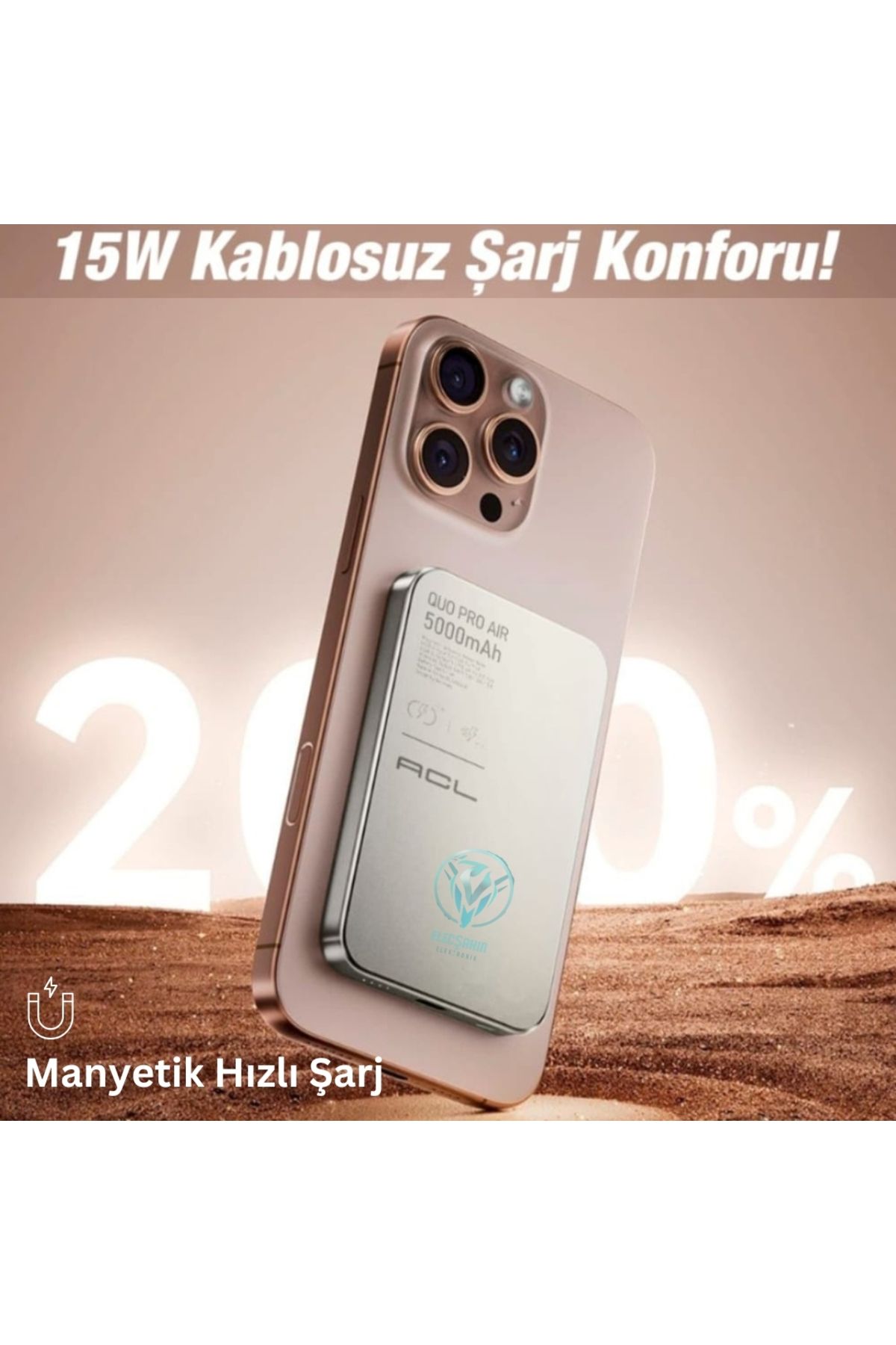 ACL 5000 mah Powerbank Kablosuz Şarj Cihazı Iphone Uyumlu Wireless Şarj, manyetik hızlı şarj, Gri