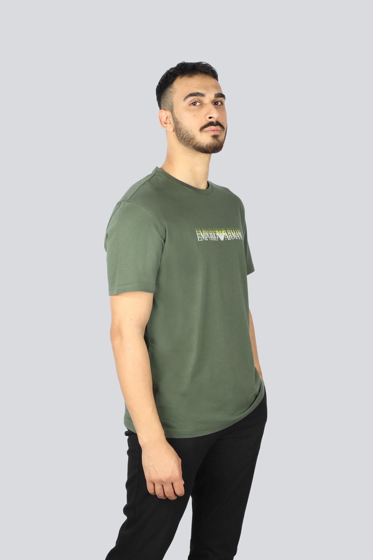 Emporio Armani-Men's Regular Fit Round Neck Front Printed Short Sleeve Green T-Shirt Em 000574   Af12349-F7009 2