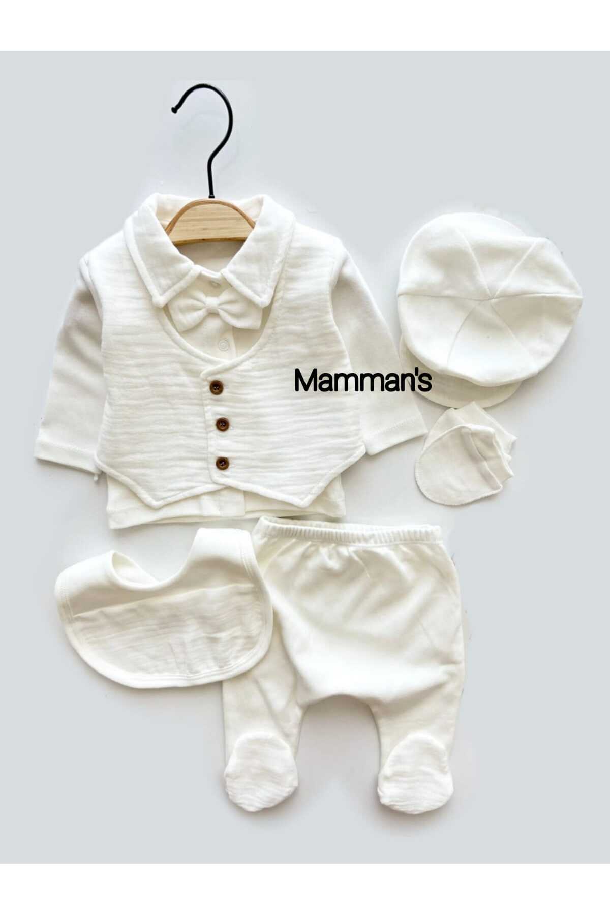 Mamman's %100 Pamuklu Müslin Yelekli 5'li Hastane Çıkış Seti Yenidoğan, Mevlütlük Erkek Bebek Takımı fotoğrafı 2 (önizleme)