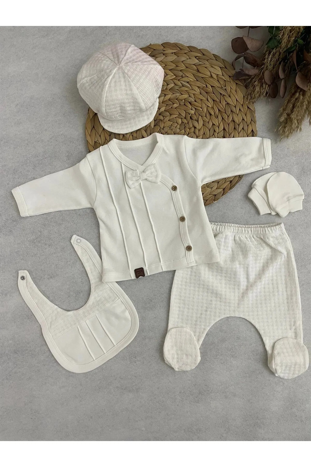 MİNİZEYN TEKSTİL 5'li Nervürlü, Papyonlu Yenidoğan Hastane Çıkış Seti,%100 Pamuklu Bebek Zıbın Seti Mevlüt Takımı fotoğrafı 3 (önizleme)