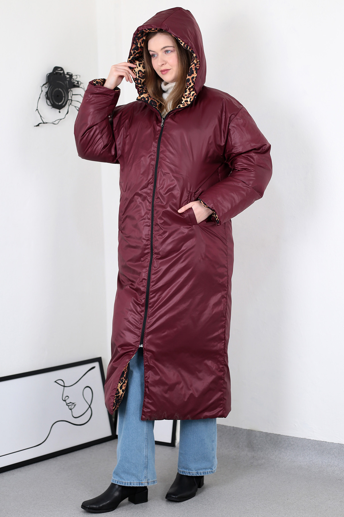 ZEND POLO  leopar çift taraflı mont - Görsel 8