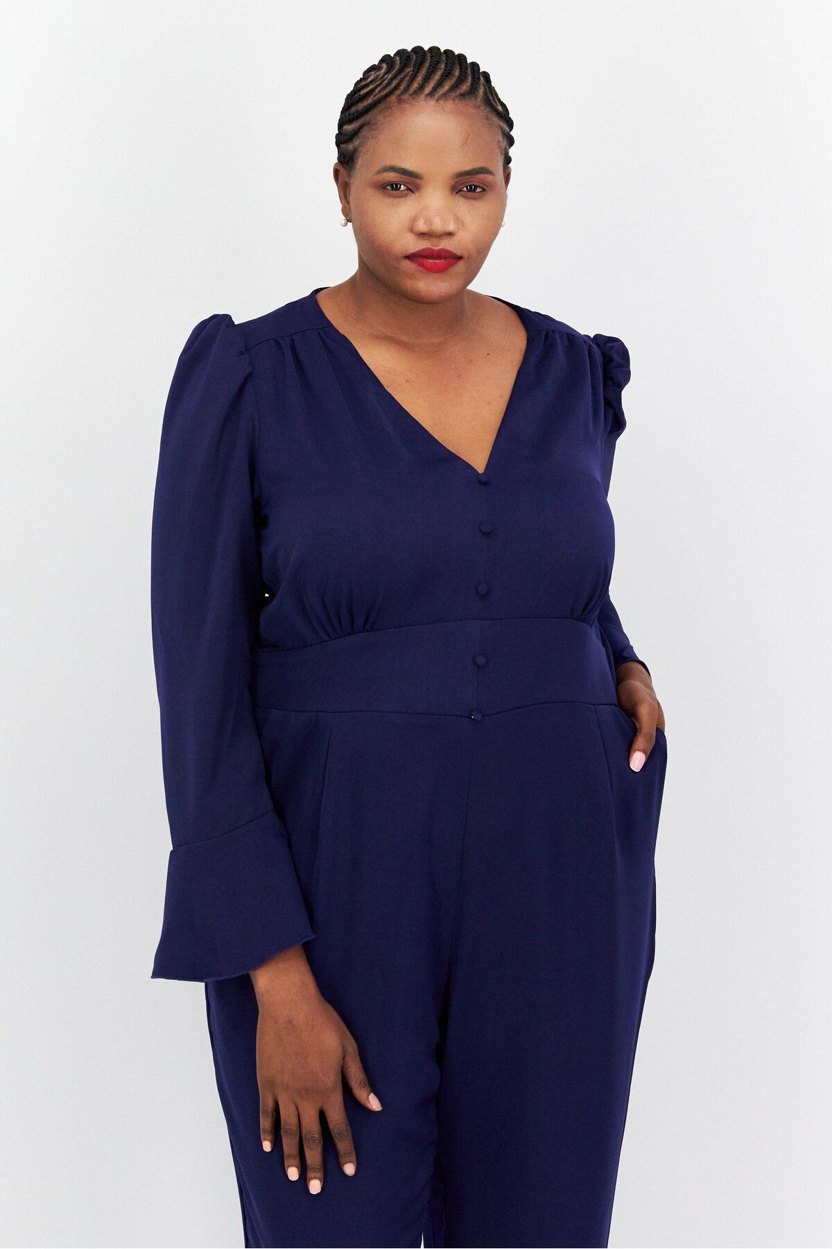 Lıttle Mıstress-Women Plus Size Plain Long Sleeve Jumpsuits, Navy Blue 2