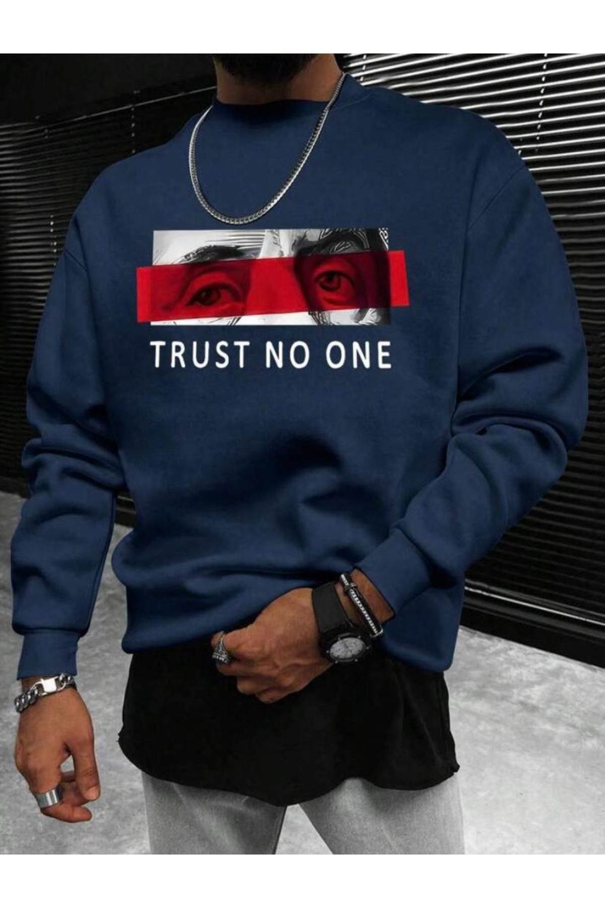 CAST COLLECTİON Erkek Lacivert Turn No One Baskılı Rahat Kesim Bisiklet Yaka Sweatshirt