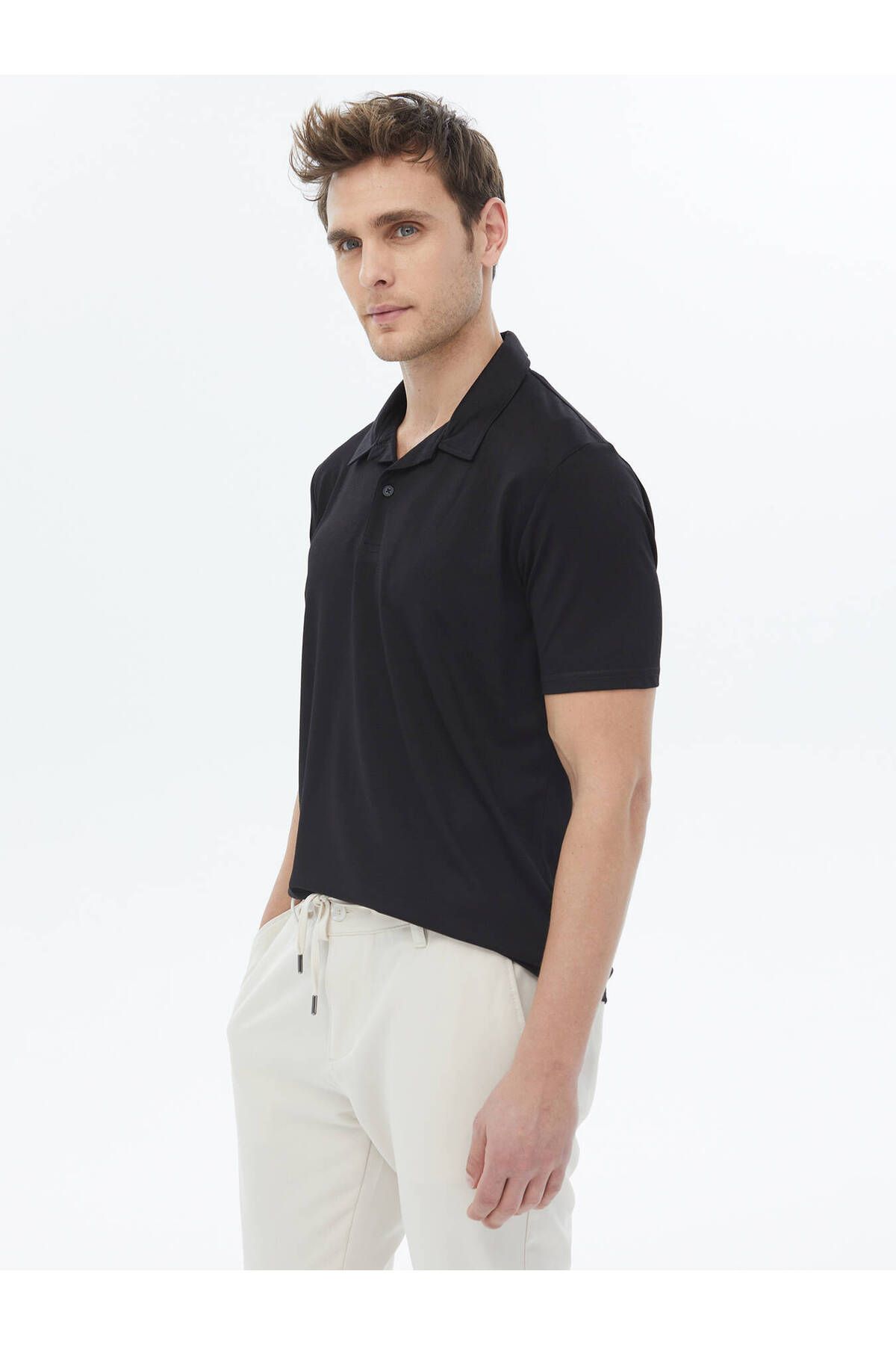 Kip-Black Plain Cuban Collar T-Shirt 3