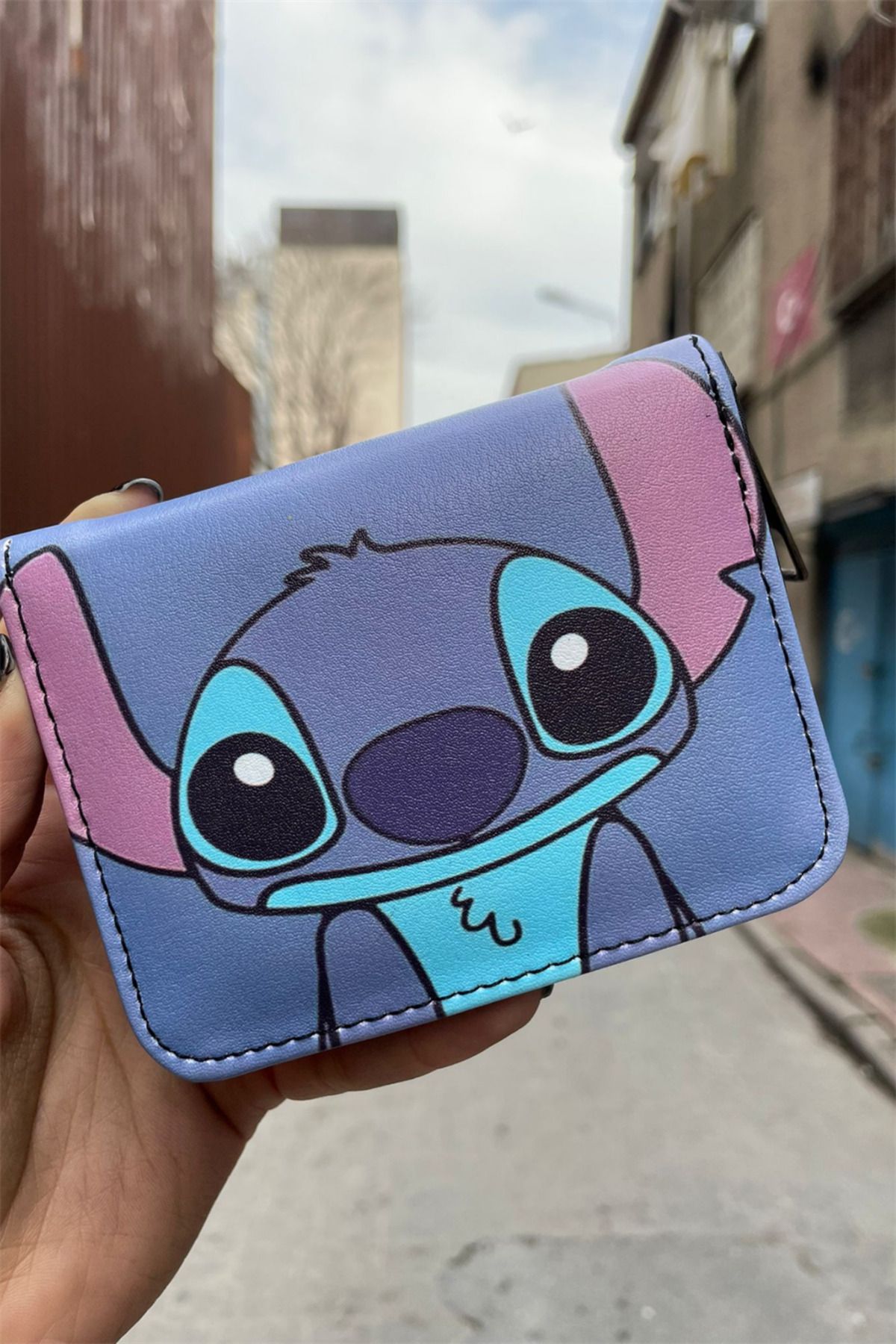 Karakedi Mavi Stitch Smile Kısa Cüzdan