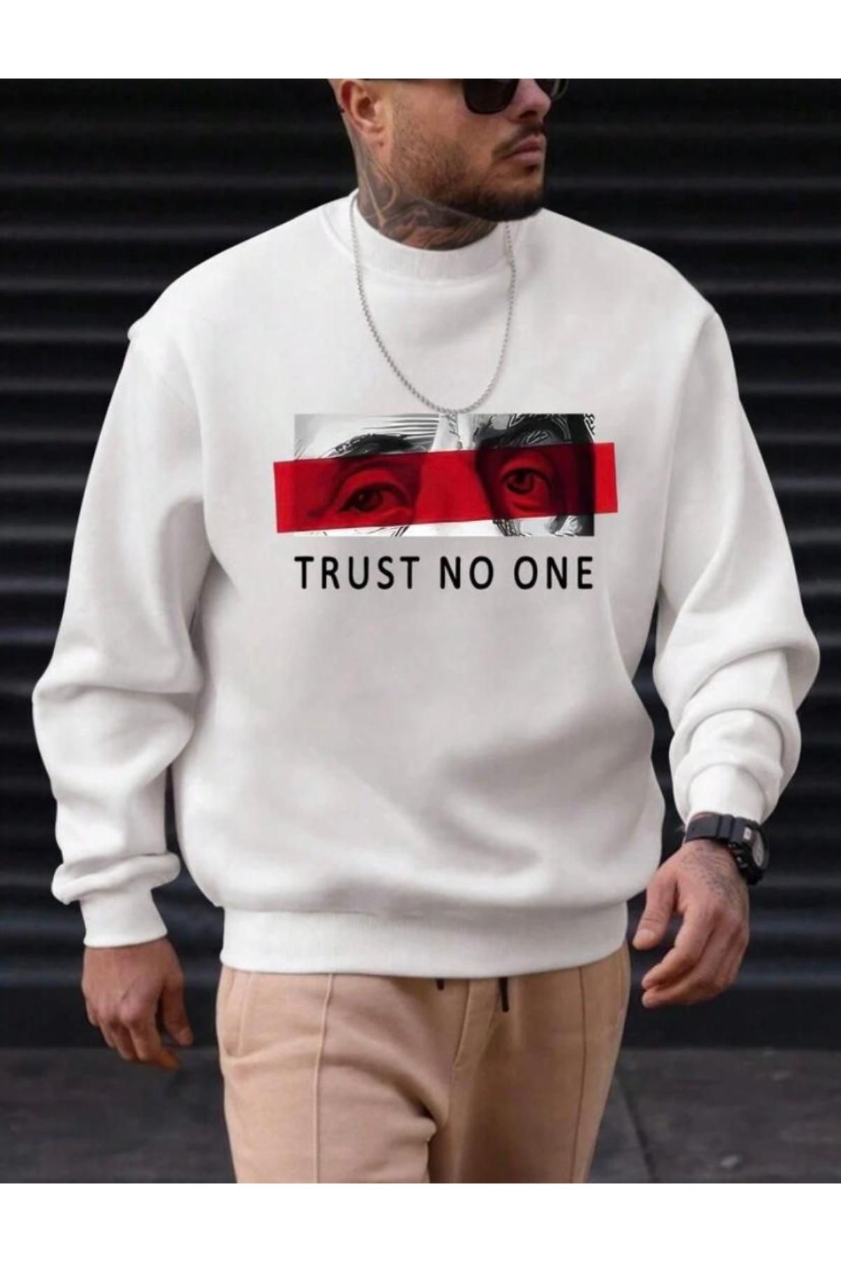 CAST COLLECTİON Erkek Beyaz Turn No One Baskılı Rahat Kesim Bisiklet Yaka Sweatshirt