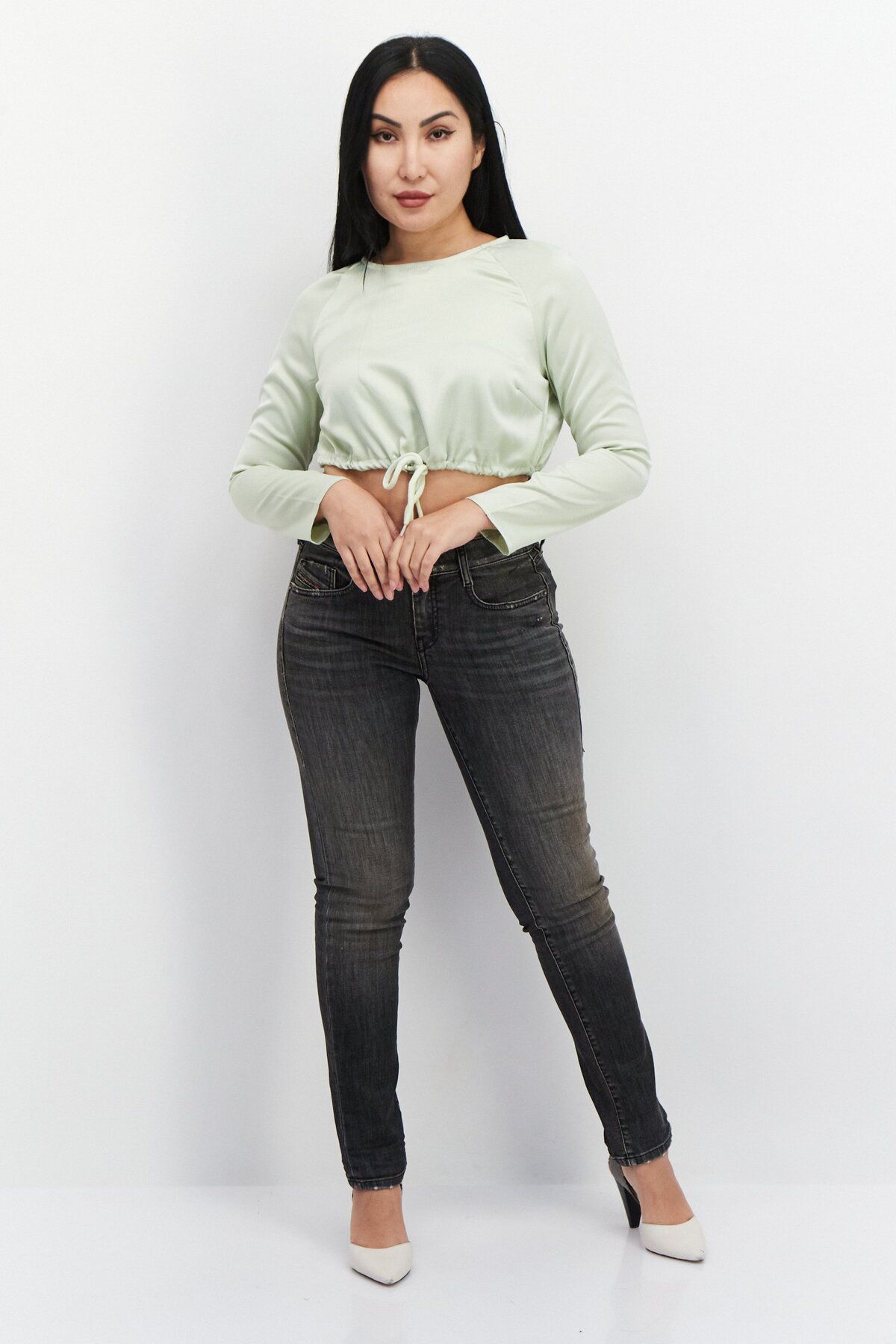 Missguided-Women Petite Round Neck Long Sleeves Plain Blouse, Mint Green 4