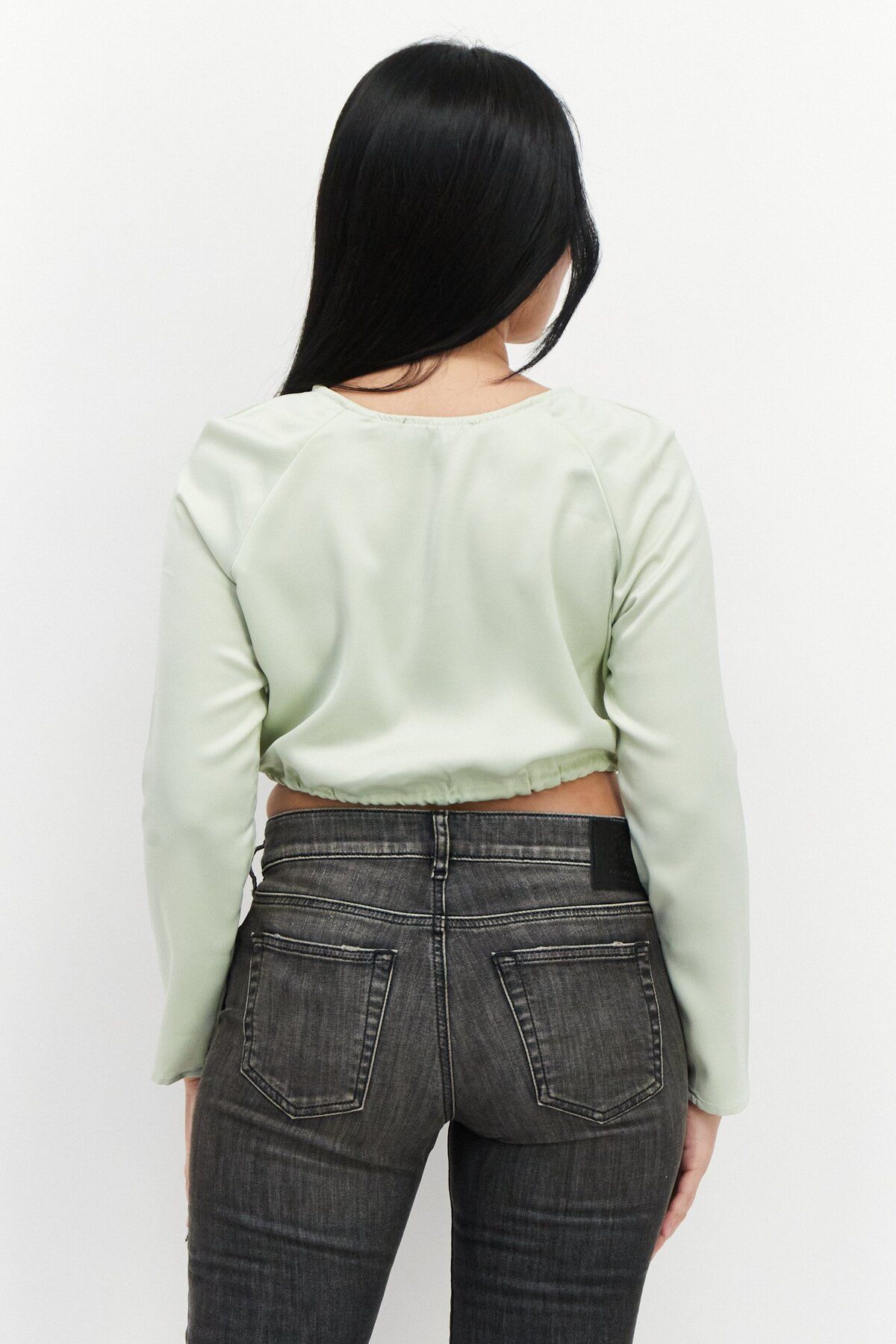 Missguided-Women Petite Round Neck Long Sleeves Plain Blouse, Mint Green 3