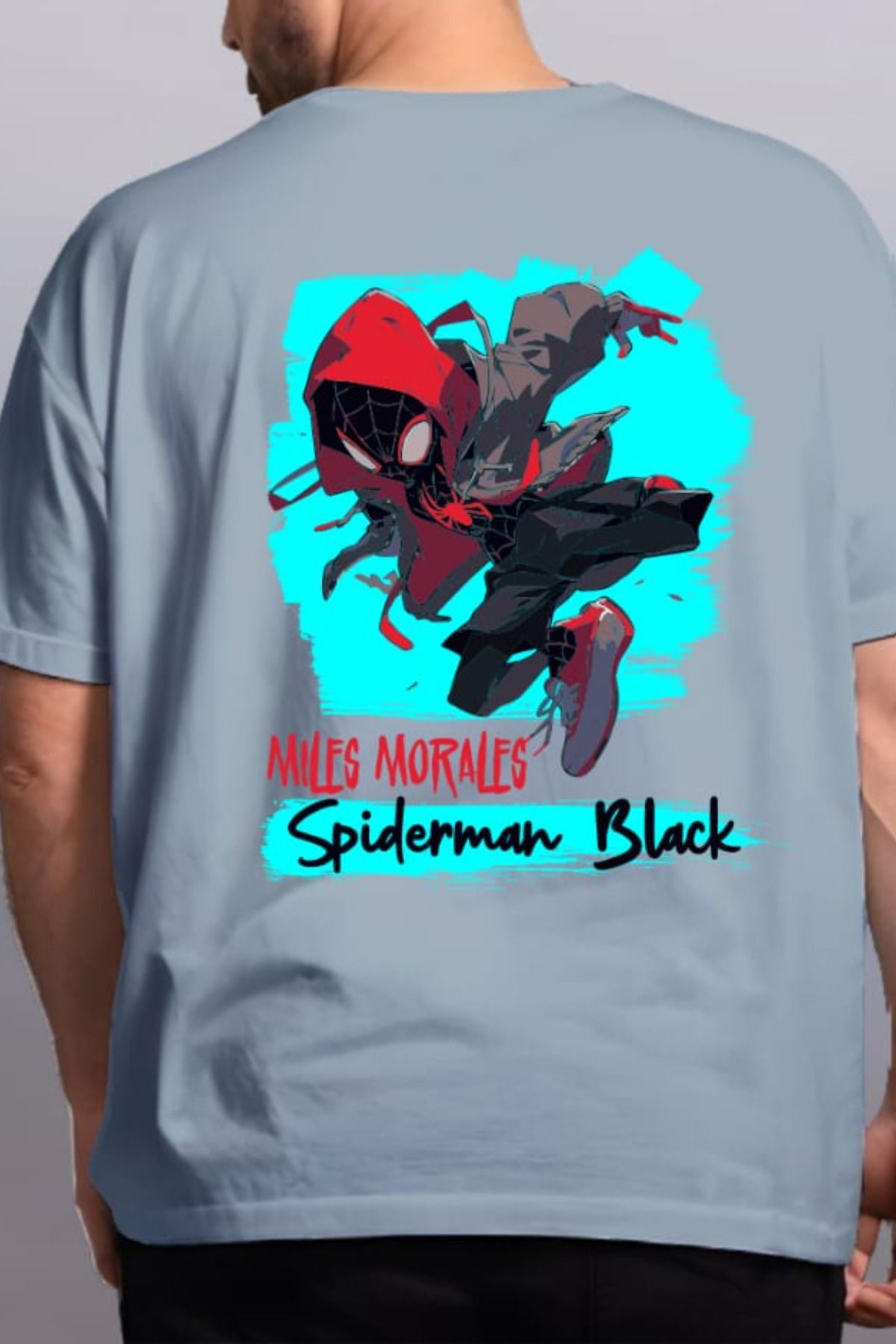 FECCY Pamuklu Miles Morales Spiderman Black Baskılı Oversize T-shirt