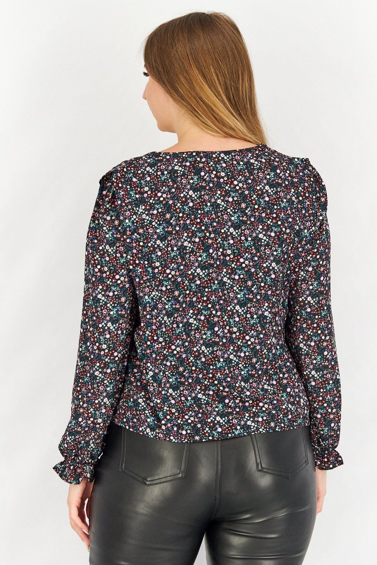 Naf Naf-Women V Neck Long Sleeve Floral Print Tops, Black Combo 2