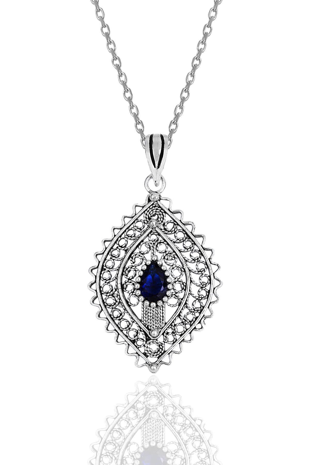 Söğütlü Silver Gümüş safir taşlı oksitli telkari işlemeli kolye SGTL11890LACIVERT