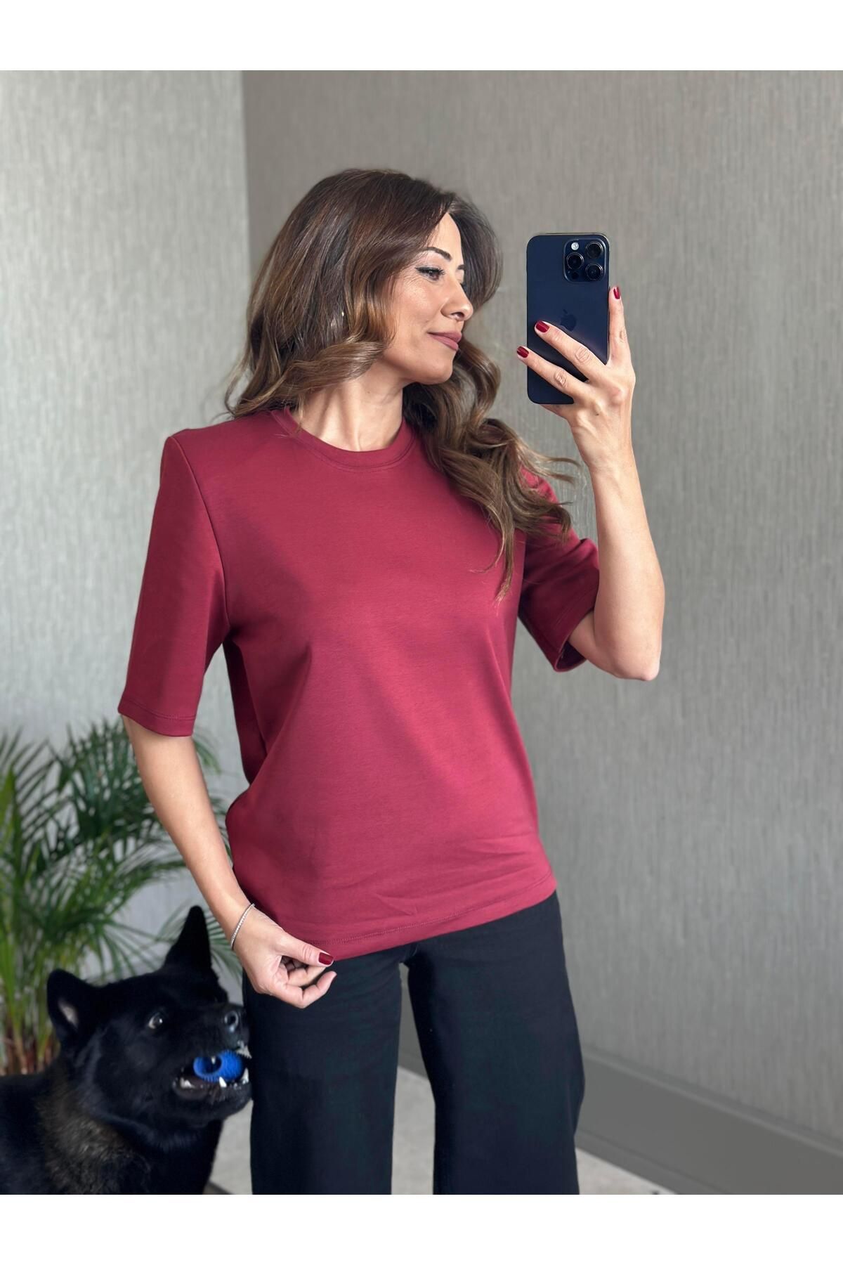 Forlady4 Bordo Vatkalı Kısa Kol Basic Kadın T-Shirt