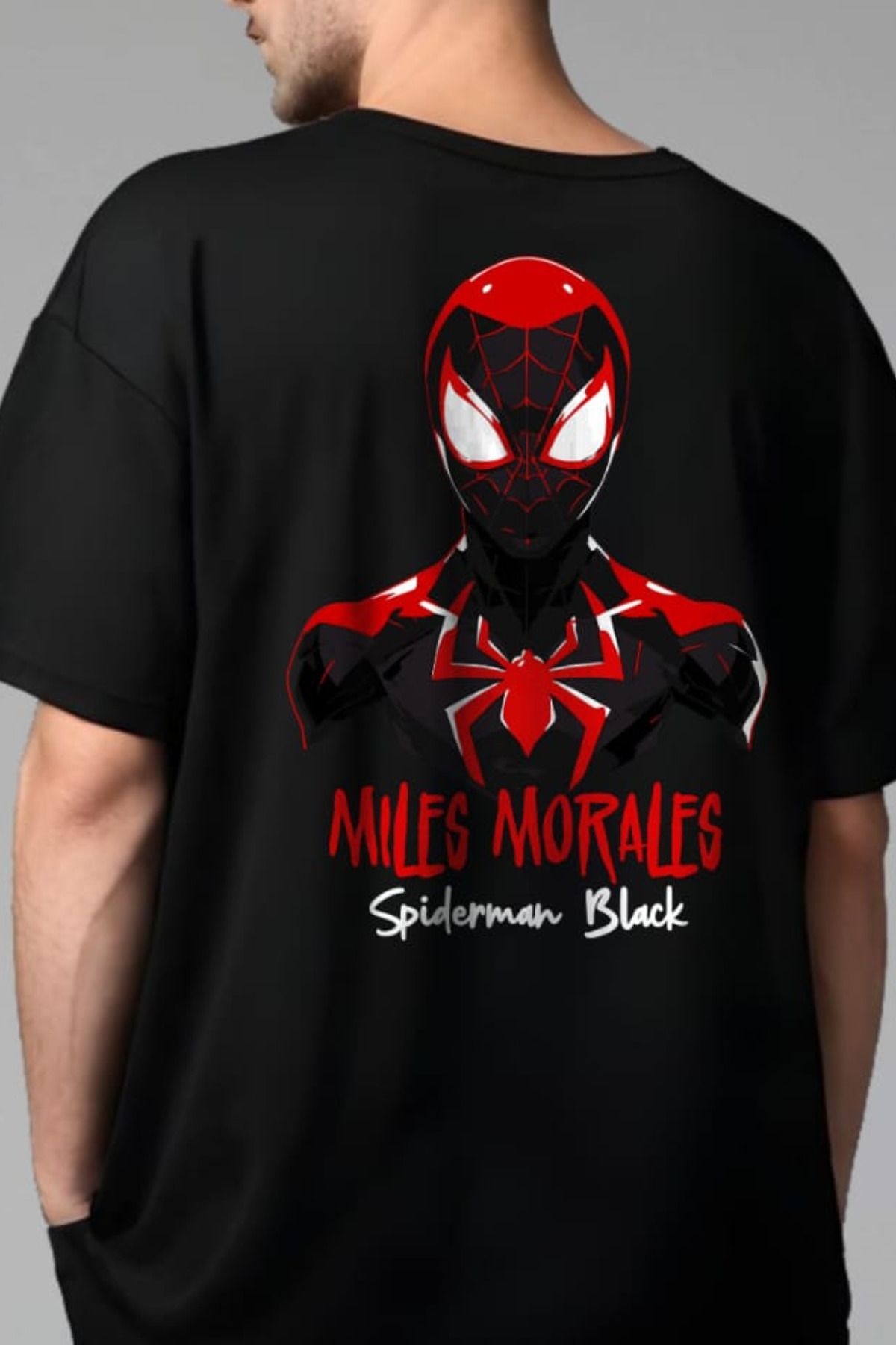 FECCY Pamuklu Miles Morales Spiderman Black Baskılı Oversize T-shirt