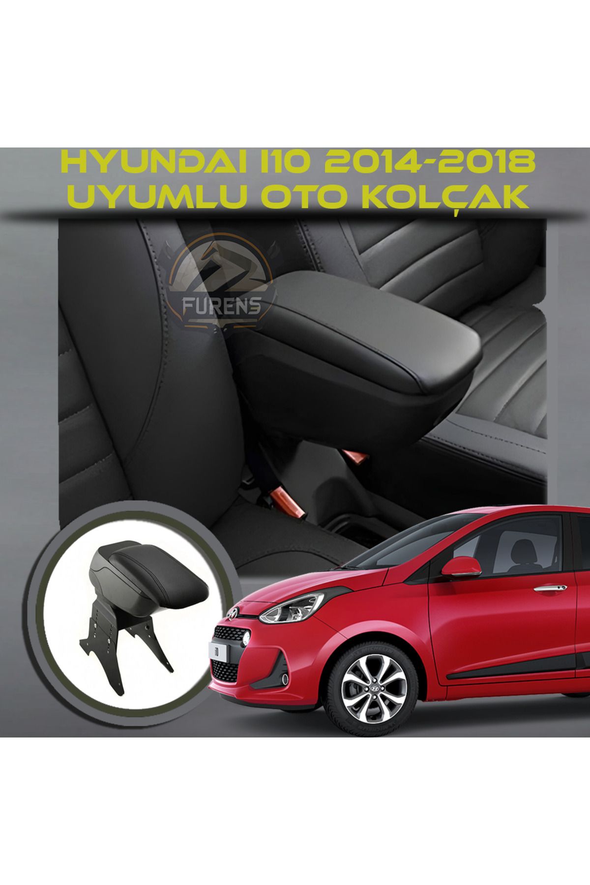 STS Oto Aksesuar Hyundai i10 2014-2018 Uyumlu Kol Dayama Ve Kolçak Sürgülü Bardaklıklı Ayarlanabilir Siyah Deri.