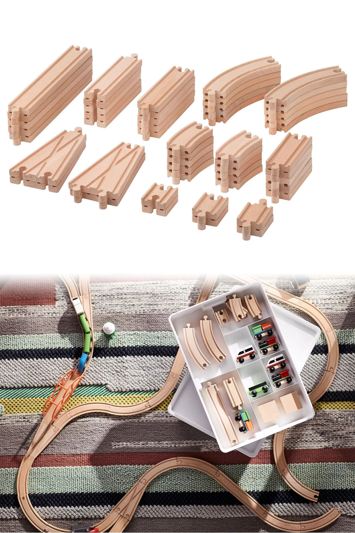 Binbirreyon Ahşap Tren Rayı 50 Parça Ray Seti Doğal Ahşap PC414