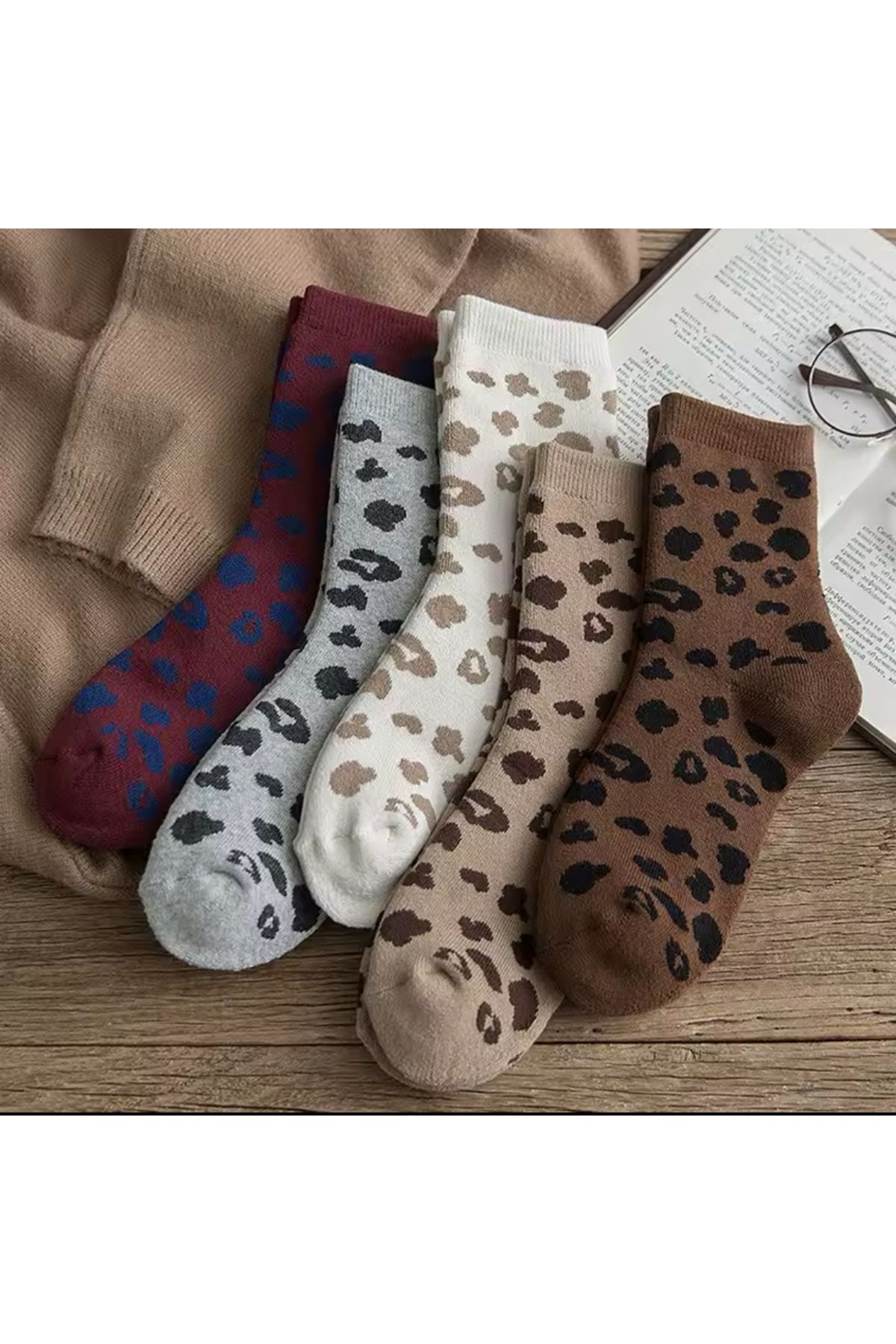 REYNBOO SOCKS 5 Çift Kadın Cok Renkli Leopar Desenli Soket Çorap