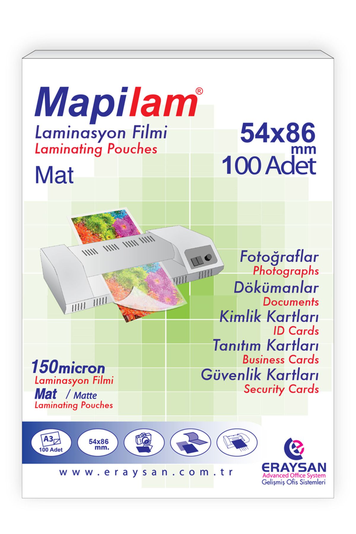 MAPİLAM 150 MİCRON MAT LAMİNASYON FİLMİ (KREDİ KARTI) (54X86) 100 LÜ