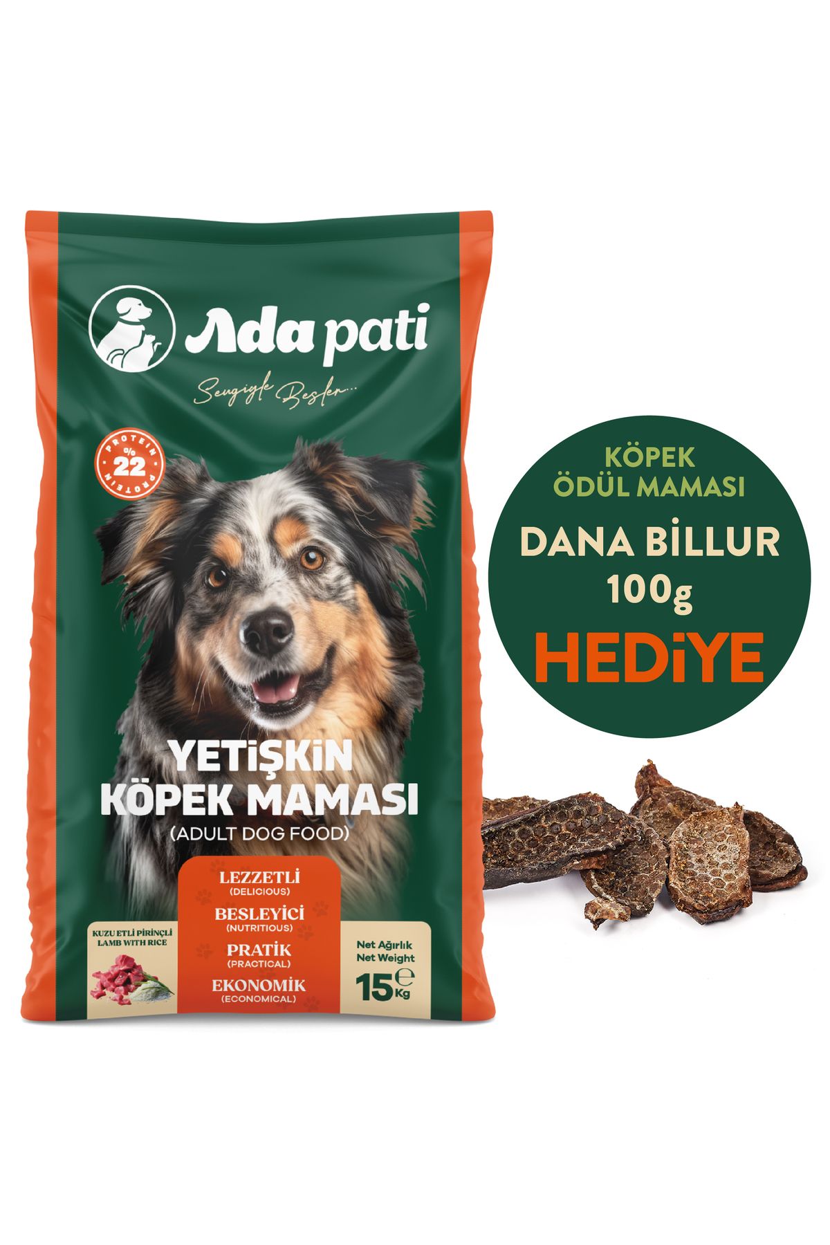 Ada Pati HEDİYELİ Köpek Maması 15 kg - Kuzu Etli Pirinçli - Dana Billur Ödül Maması HEDİYE