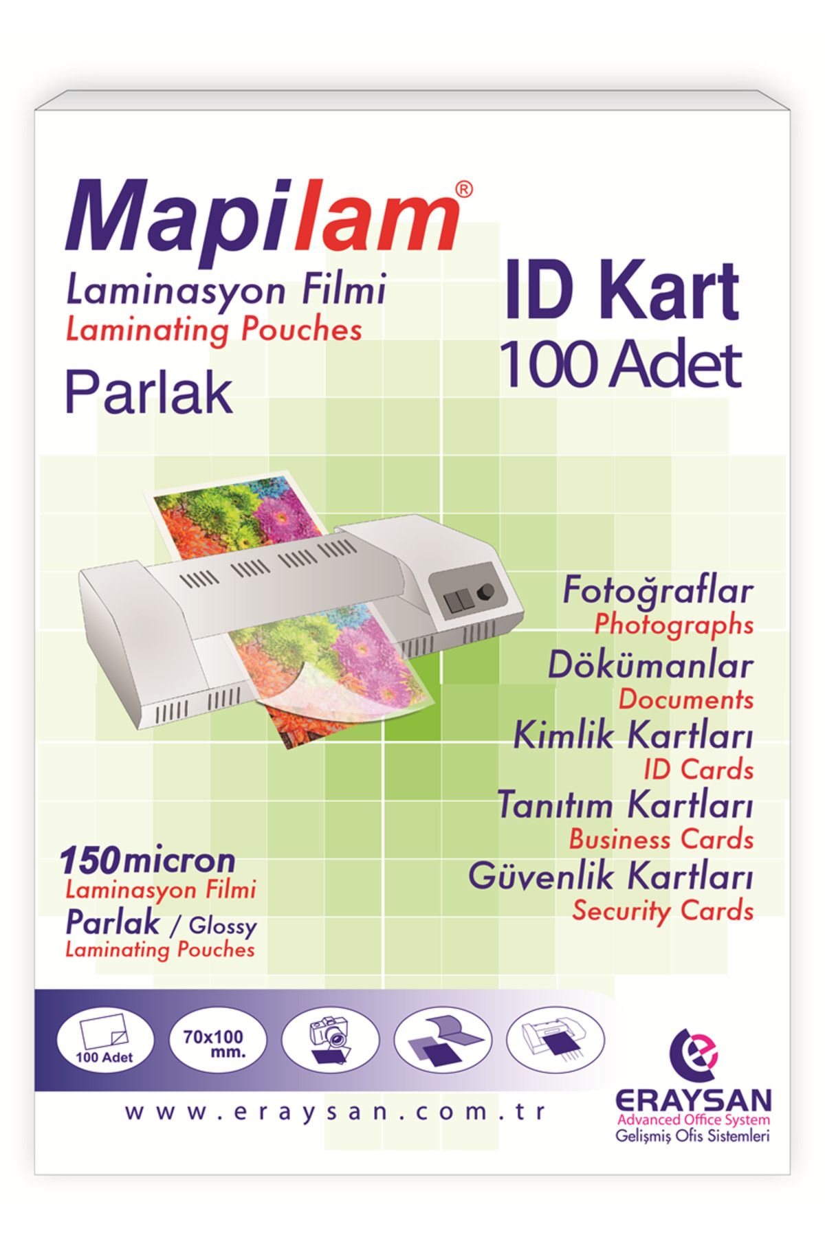 MAPİLAM 150 MİCRON PARLAK LAMİNASYON FİLMİ (ID KART) (70X100) 100 LÜ